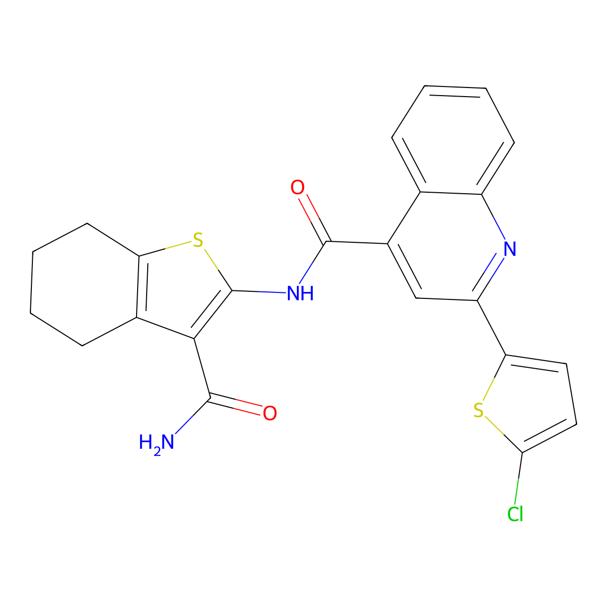 N-(3-carbamoyl-4,5,6,7-tetrahydro-1-benzothiophen-2-yl)-2-(5-chlorothiophen-2-yl)quinoline-4-carboxamide molecular structure, CAS 420090-01-3