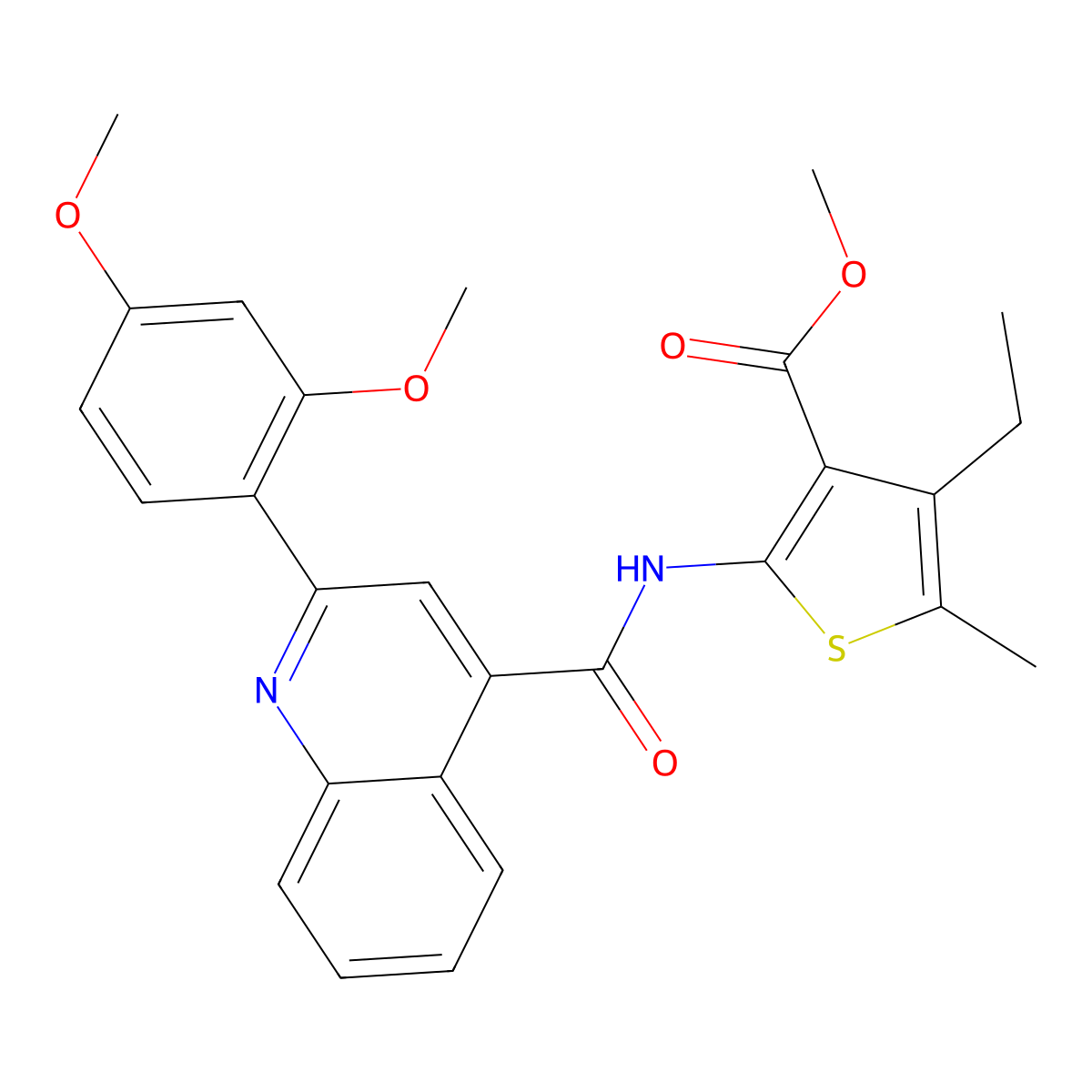 Methyl 2-[[2-(2,4-dimethoxyphenyl)quinoline-4-carbonyl]amino]-4-ethyl-5-methylthiophene-3-carboxylate molecular structure, CAS 420090-36-4
