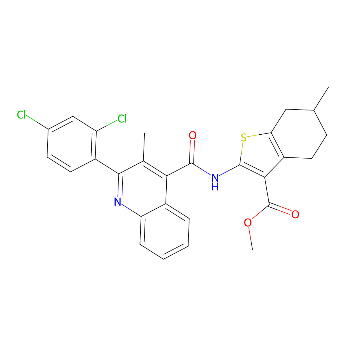 Methyl 2-[[2-(2,4-dichlorophenyl)-3-methylquinoline-4-carbonyl]amino]-6-methyl-4,5,6,7-tetrahydro-1-benzothiophene-3-carboxylate molecular structure, CAS 420091-07-2