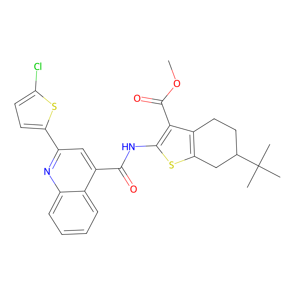 Methyl 6-tert-butyl-2-[[2-(5-chlorothiophen-2-yl)quinoline-4-carbonyl]amino]-4,5,6,7-tetrahydro-1-benzothiophene-3-carboxylate molecular structure, CAS 420091-17-4
