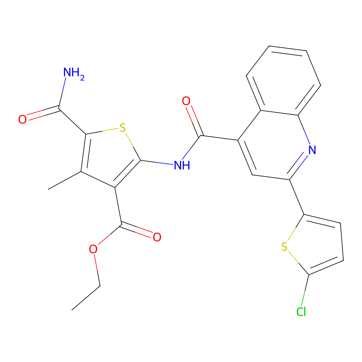 Ethyl 5-carbamoyl-2-[[2-(5-chlorothiophen-2-yl)quinoline-4-carbonyl]amino]-4-methylthiophene-3-carboxylate molecular structure, CAS 420091-20-9