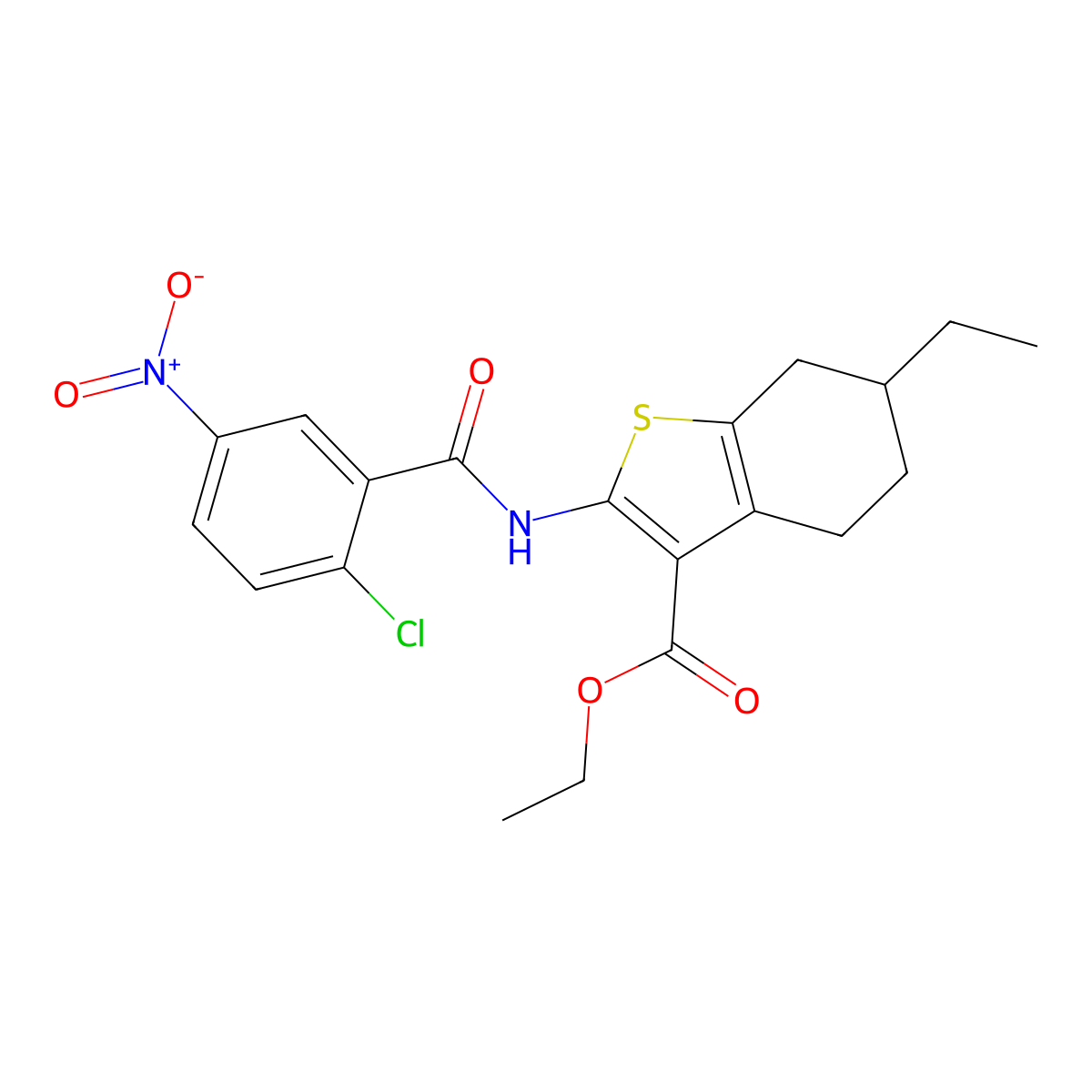 Ethyl 2-[(2-chloro-5-nitrobenzoyl)amino]-6-ethyl-4,5,6,7-tetrahydro-1-benzothiophene-3-carboxylate molecular structure, CAS 420091-38-9
