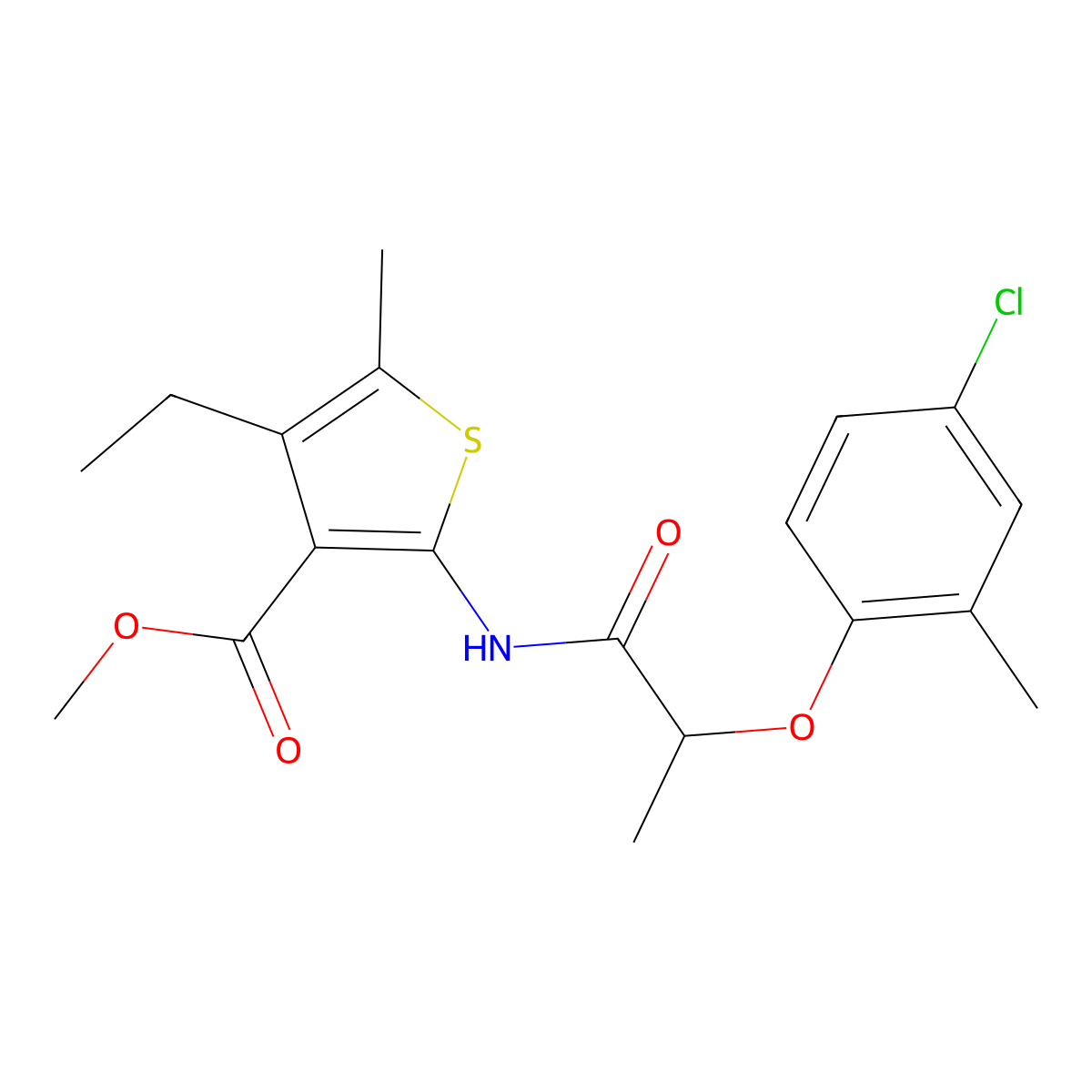 Methyl 2-[2-(4-chloro-2-methylphenoxy)propanoylamino]-4-ethyl-5-methylthiophene-3-carboxylate molecular structure, CAS 420091-45-8