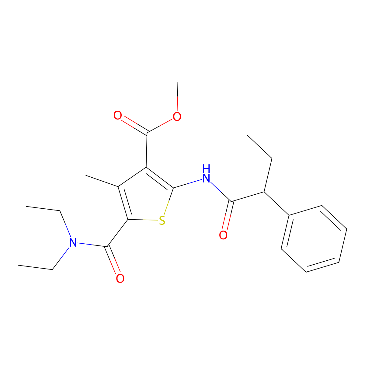 Methyl 5-(diethylcarbamoyl)-4-methyl-2-(2-phenylbutanoylamino)thiophene-3-carboxylate molecular structure, CAS 420091-99-2