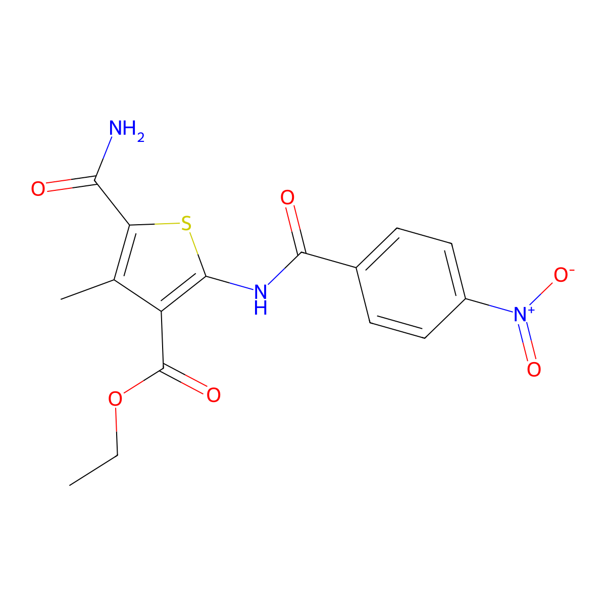 Ethyl 5-carbamoyl-4-methyl-2-[(4-nitrobenzoyl)amino]thiophene-3-carboxylate molecular structure, CAS 420092-11-1