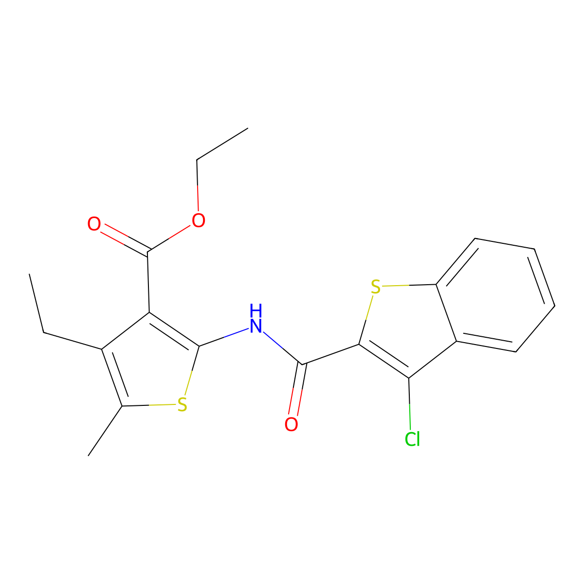 Ethyl 2-[(3-chloro-1-benzothiophene-2-carbonyl)amino]-4-ethyl-5-methylthiophene-3-carboxylate molecular structure, CAS 420092-54-2
