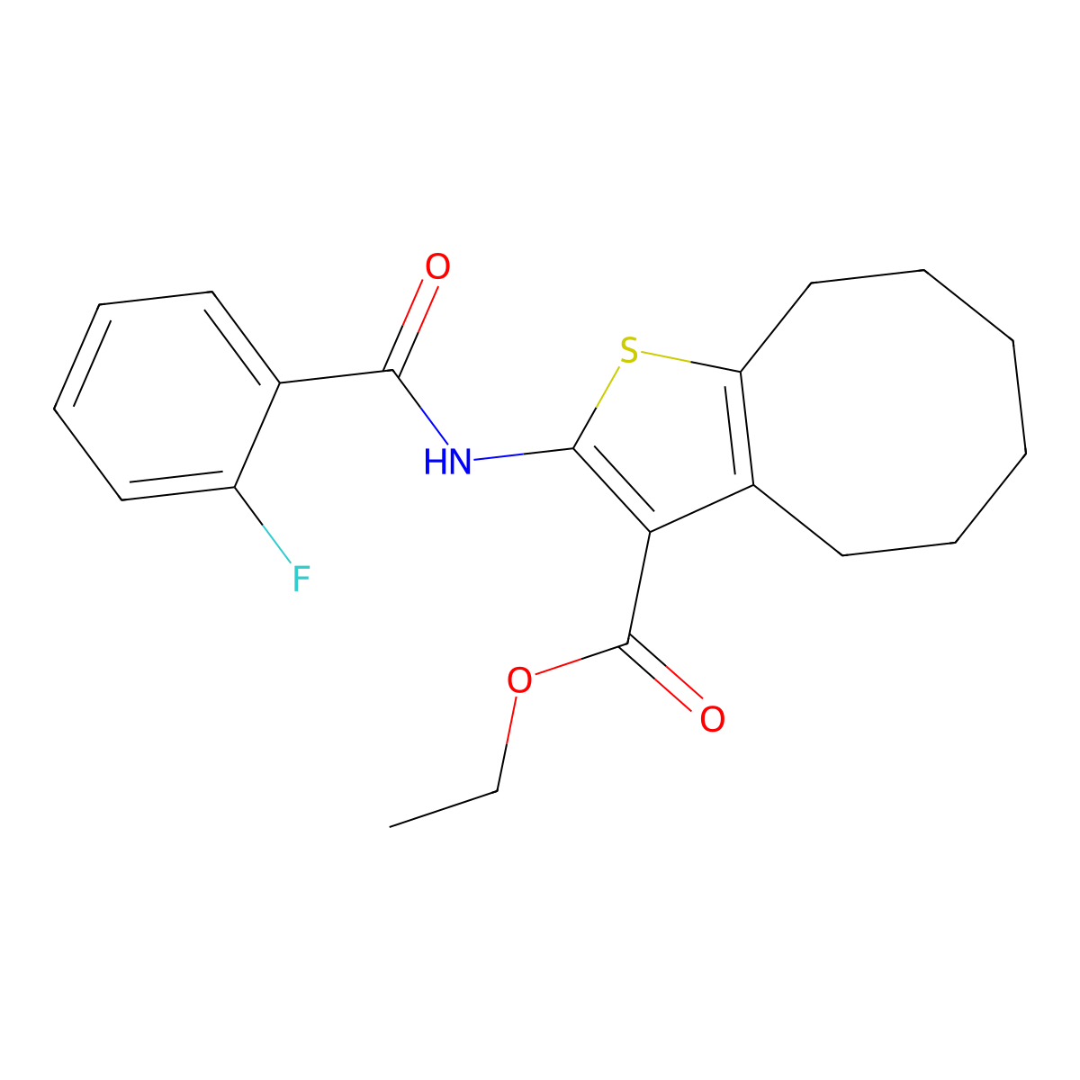 Ethyl 2-[(2-fluorobenzoyl)amino]-4,5,6,7,8,9-hexahydrocycloocta[b]thiophene-3-carboxylate molecular structure, CAS 420093-34-1