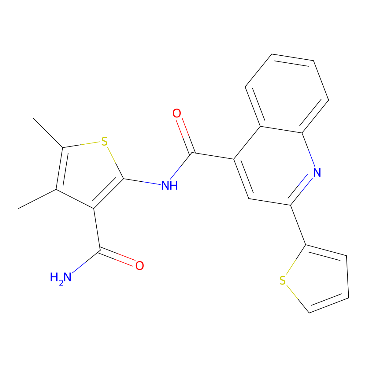 N-(3-carbamoyl-4,5-dimethylthiophen-2-yl)-2-(thiophen-2-yl)quinoline-4-carboxamide molecular structure, CAS 420093-75-0