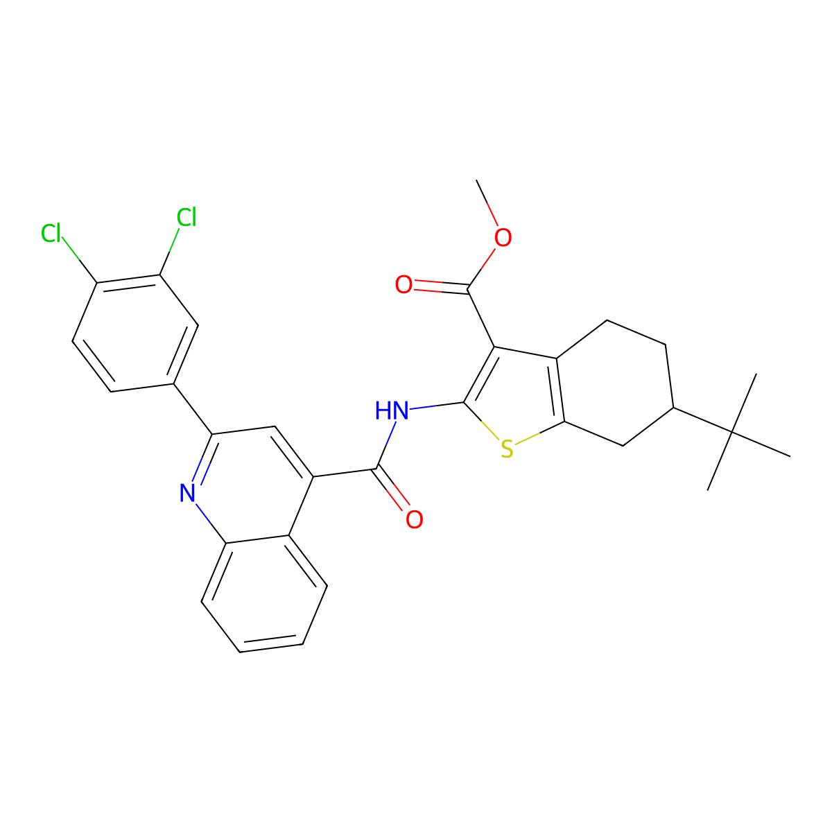 Methyl 6-tert-butyl-2-({[2-(3,4-dichlorophenyl)quinolin-4-yl]carbonyl}amino)-4,5,6,7-tetrahydro-1-benzothiophene-3-carboxylate molecular structure, CAS 420094-70-8