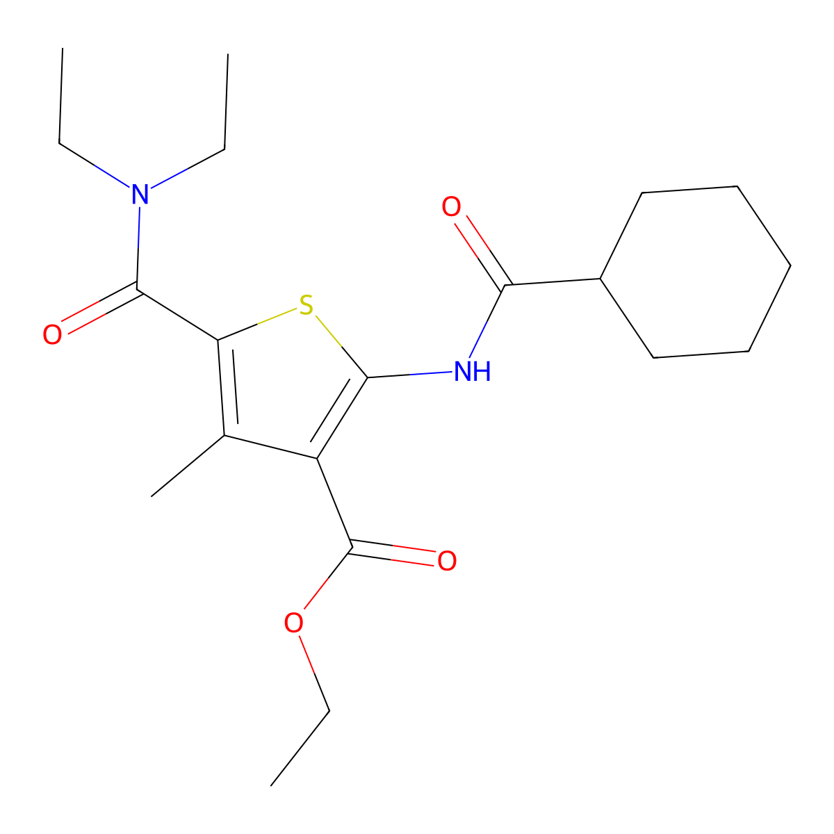 Ethyl 2-(cyclohexanecarbonylamino)-5-(diethylcarbamoyl)-4-methylthiophene-3-carboxylate molecular structure, CAS 420094-73-1