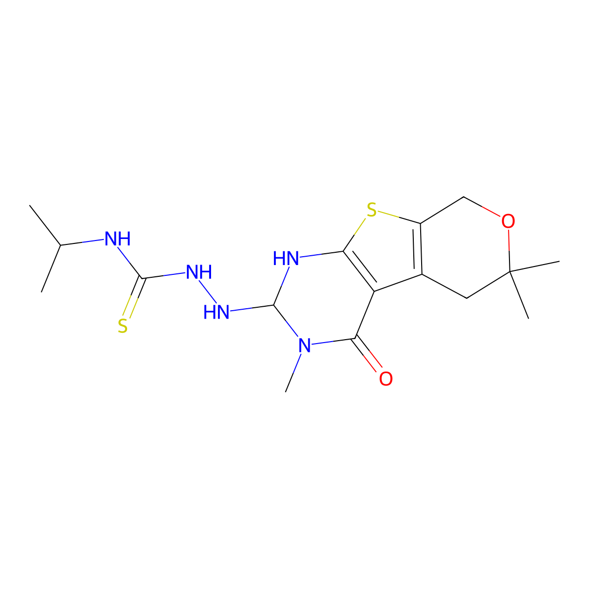 N-isopropyl-2-(3,6,6-trimethyl-4-oxo-1,3,4,5,6,8-hexahydro-2H-pyrano[4',3':4,5]thieno[2,3-d]pyrimidin-2-yl)hydrazinecarbothioamide molecular structure, CAS 420095-11-0