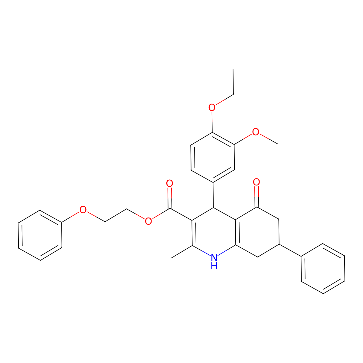 2-Phenoxyethyl 4-(4-ethoxy-3-methoxyphenyl)-2-methyl-5-oxo-7-phenyl-1,4,5,6,7,8-hexahydroquinoline-3-carboxylate molecular structure, CAS 420095-46-1