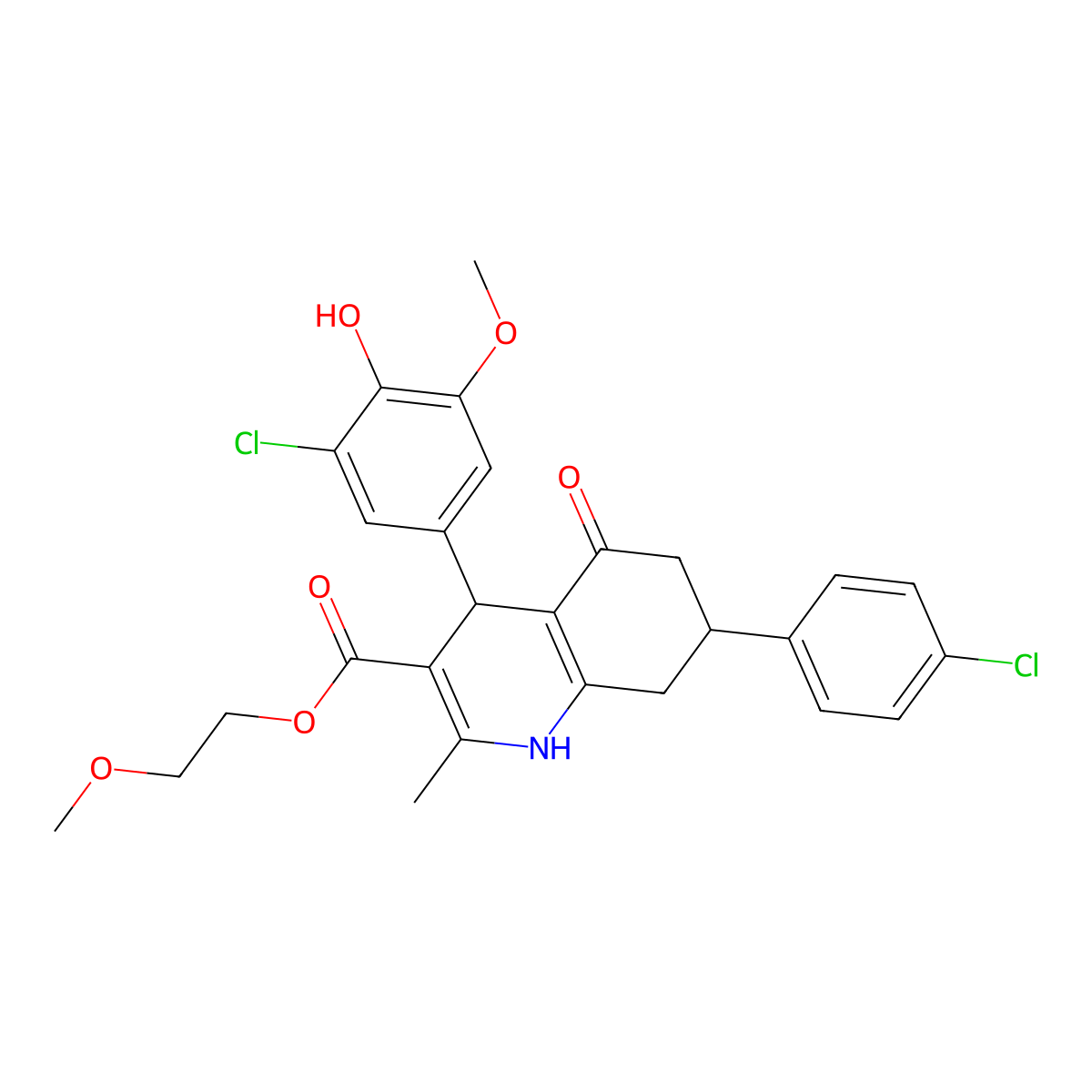 2-Methoxyethyl 4-(3-chloro-4-hydroxy-5-methoxyphenyl)-7-(4-chlorophenyl)-2-methyl-5-oxo-1,4,5,6,7,8-hexahydroquinoline-3-carboxylate molecular structure, CAS 420095-83-6