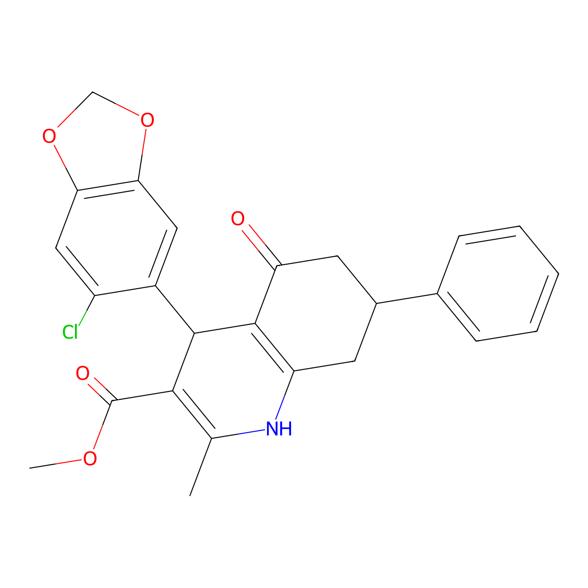 Methyl 4-(6-chloro-1,3-benzodioxol-5-yl)-2-methyl-5-oxo-7-phenyl-1,4,5,6,7,8-hexahydroquinoline-3-carboxylate molecular structure, CAS 420095-84-7