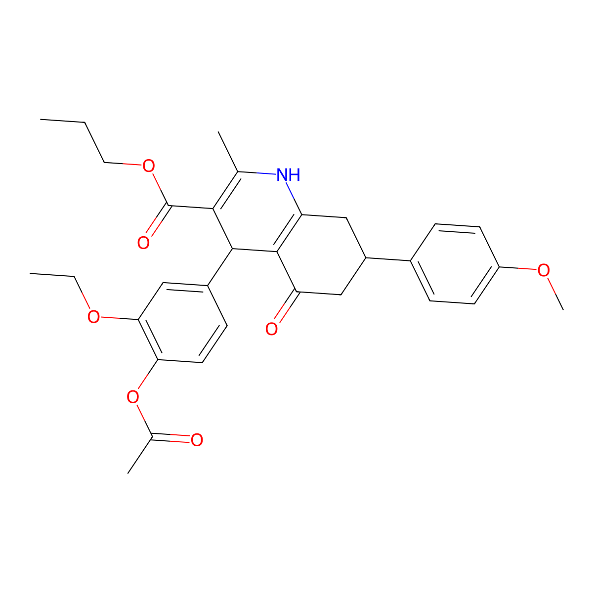 Propyl 4-[4-(acetyloxy)-3-ethoxyphenyl]-7-(4-methoxyphenyl)-2-methyl-5-oxo-1,4,5,6,7,8-hexahydroquinoline-3-carboxylate molecular structure, CAS 420095-86-9