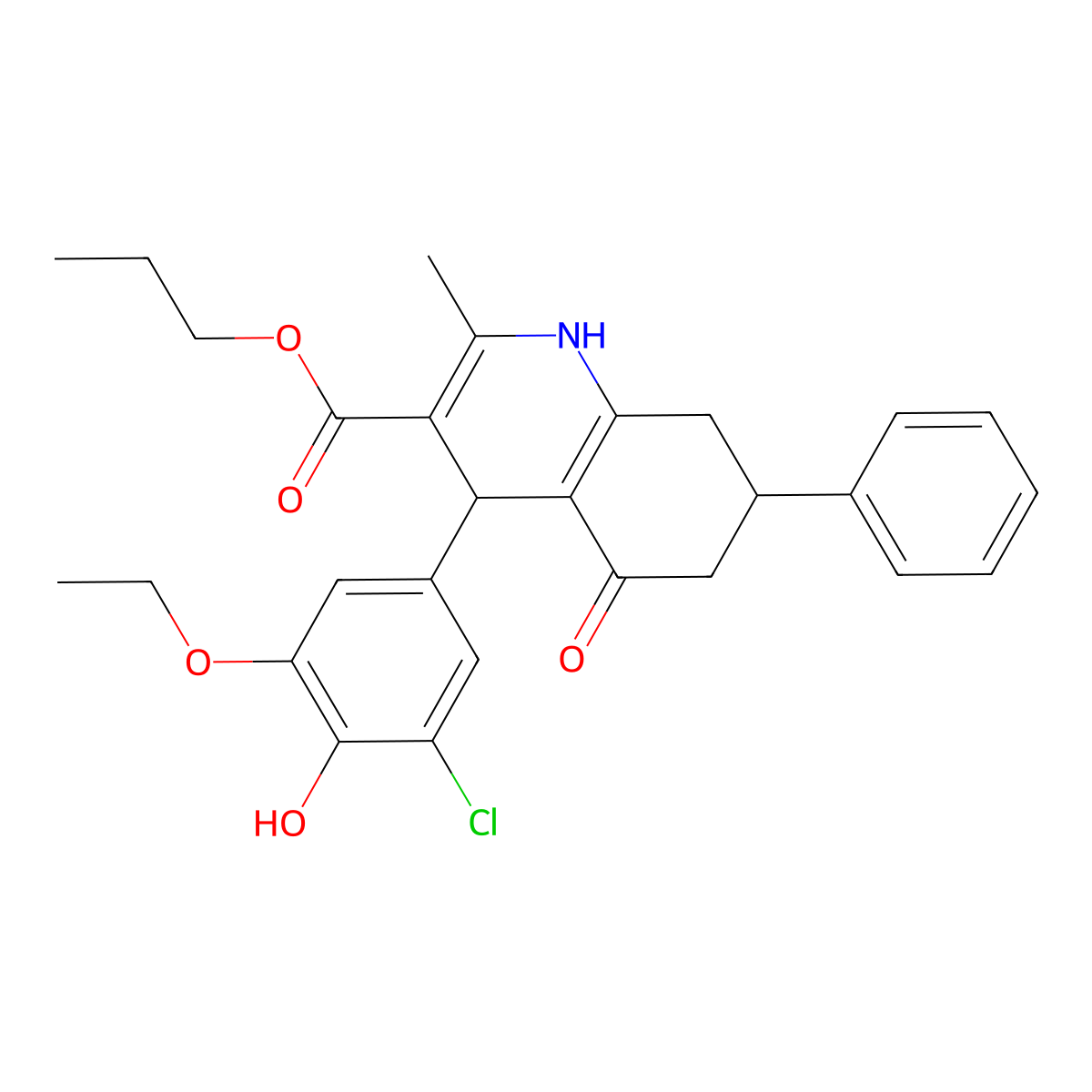 Propyl 4-(3-chloro-5-ethoxy-4-hydroxyphenyl)-2-methyl-5-oxo-7-phenyl-1,4,5,6,7,8-hexahydroquinoline-3-carboxylate molecular structure, CAS 420095-93-8