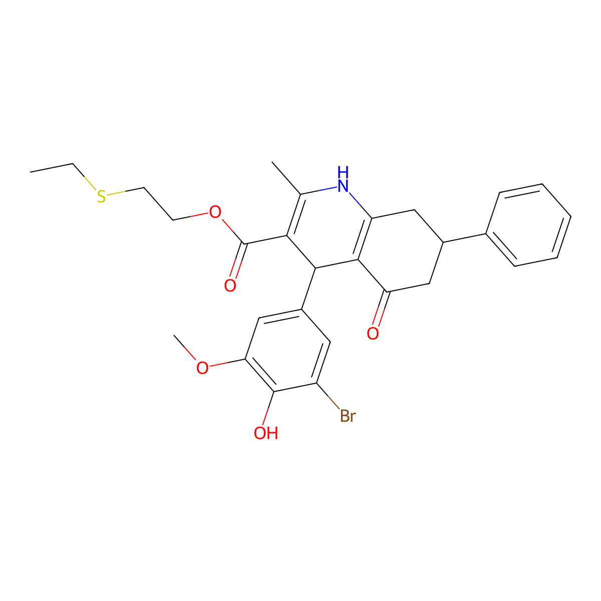 2-(Ethylsulfanyl)ethyl 4-(3-bromo-4-hydroxy-5-methoxyphenyl)-2-methyl-5-oxo-7-phenyl-1,4,5,6,7,8-hexahydroquinoline-3-carboxylate molecular structure, CAS 420096-04-4