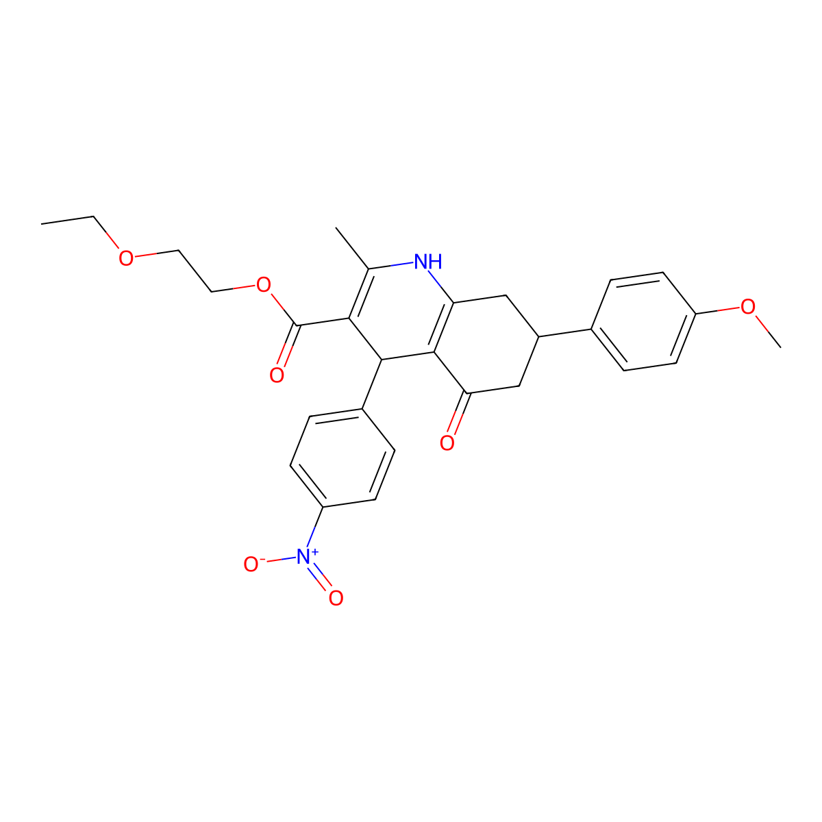 2-Ethoxyethyl 7-(4-methoxyphenyl)-2-methyl-4-(4-nitrophenyl)-5-oxo-1,4,5,6,7,8-hexahydroquinoline-3-carboxylate molecular structure, CAS 420096-17-9