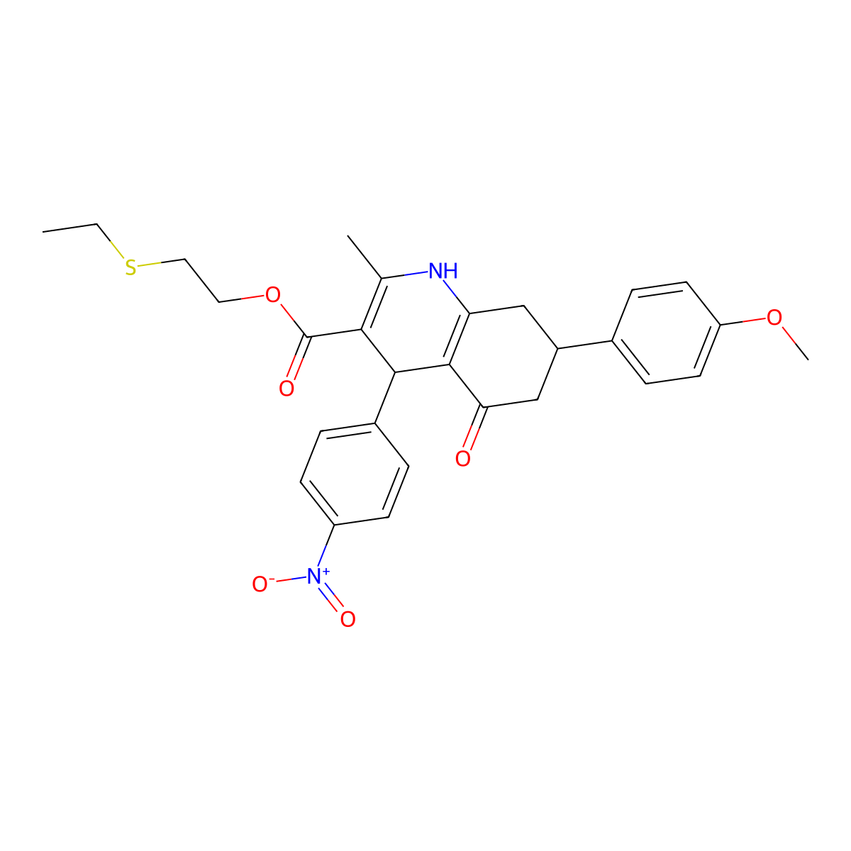 2-(Ethylsulfanyl)ethyl 7-(4-methoxyphenyl)-2-methyl-4-(4-nitrophenyl)-5-oxo-1,4,5,6,7,8-hexahydroquinoline-3-carboxylate molecular structure, CAS 420096-42-0