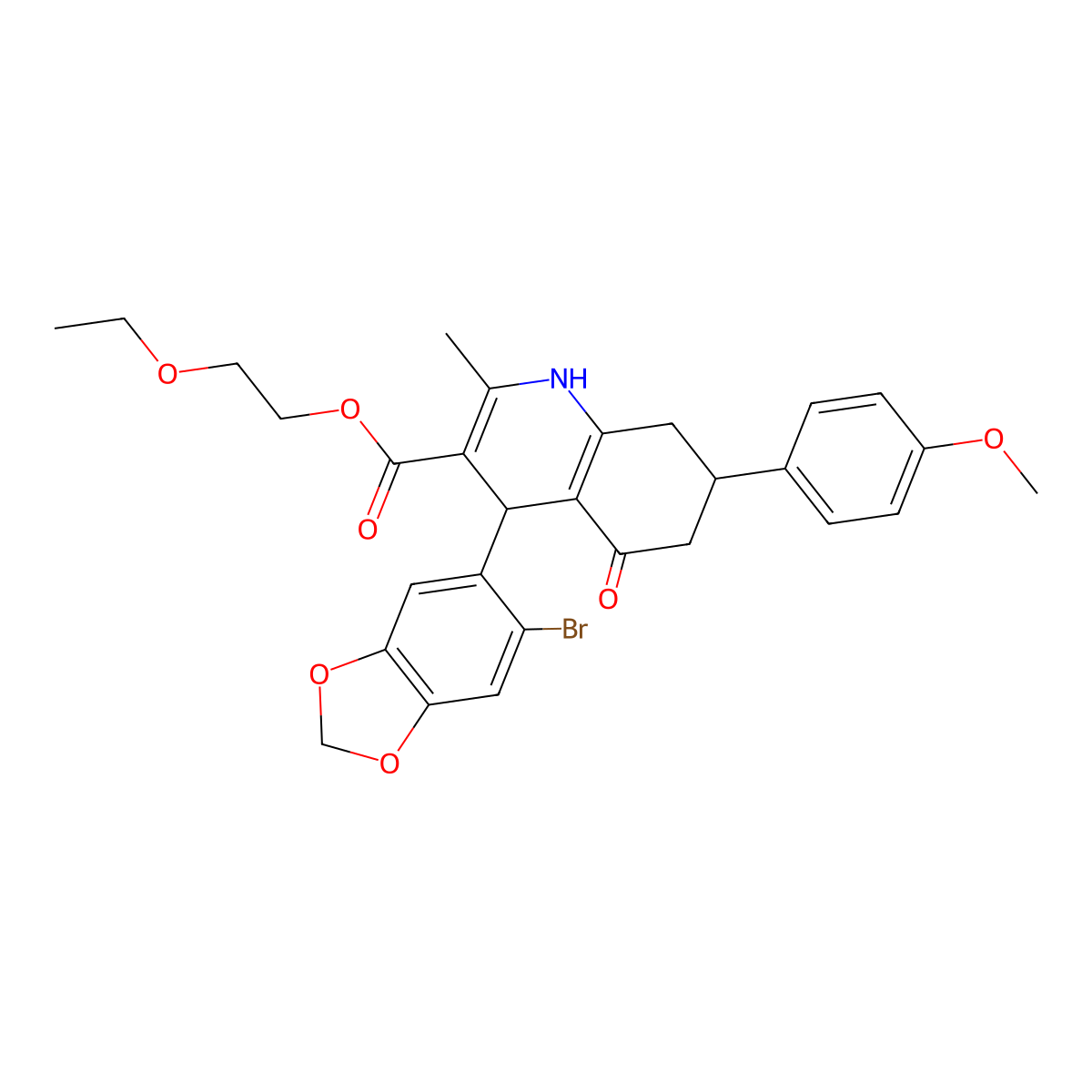 2-Ethoxyethyl 4-(6-bromo-1,3-benzodioxol-5-yl)-7-(4-methoxyphenyl)-2-methyl-5-oxo-1,4,5,6,7,8-hexahydroquinoline-3-carboxylate molecular structure, CAS 420096-47-5