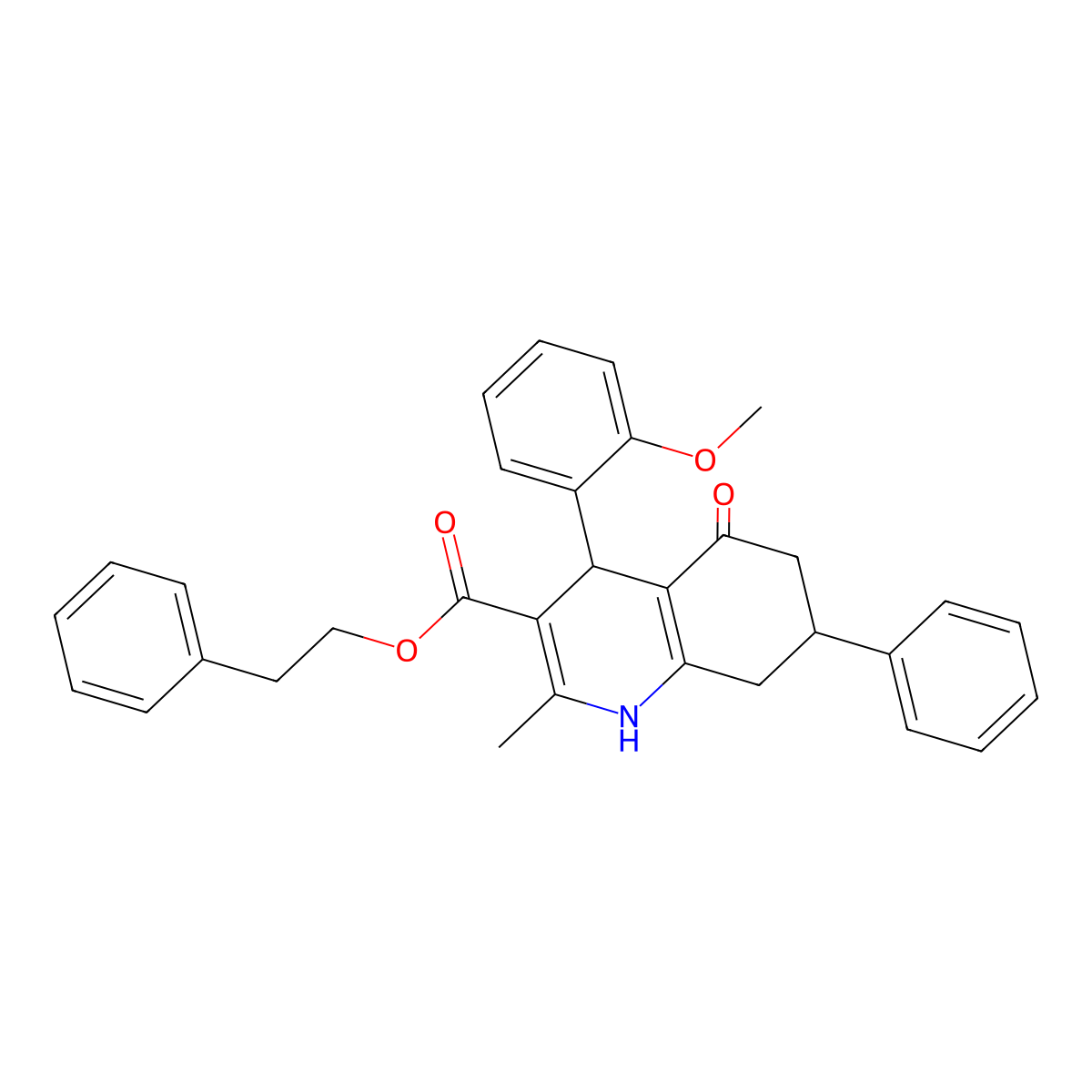 2-Phenylethyl 4-(2-methoxyphenyl)-2-methyl-5-oxo-7-phenyl-1,4,5,6,7,8-hexahydroquinoline-3-carboxylate molecular structure, CAS 420096-76-0