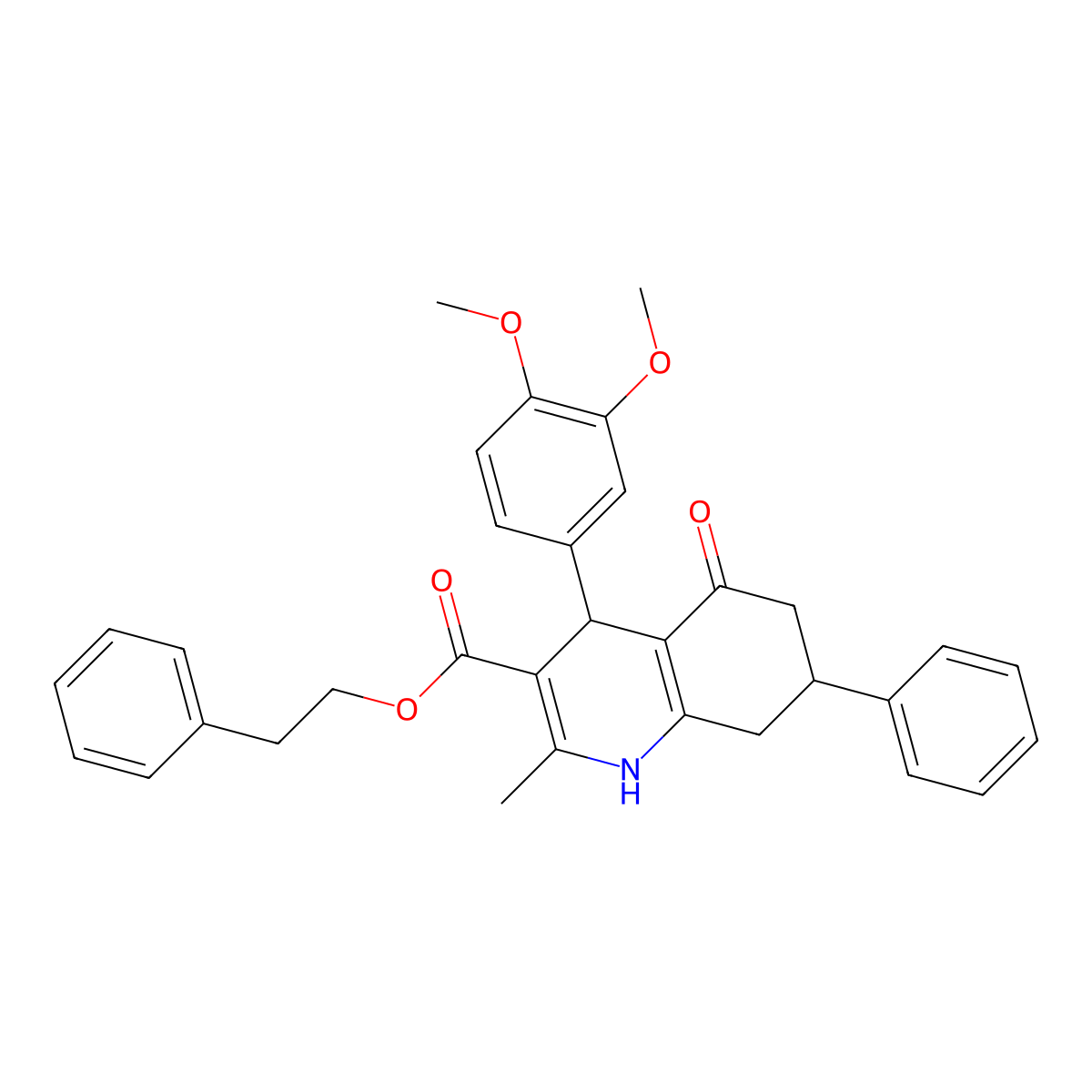 2-Phenylethyl 4-(3,4-dimethoxyphenyl)-2-methyl-5-oxo-7-phenyl-1,4,5,6,7,8-hexahydroquinoline-3-carboxylate molecular structure, CAS 420096-84-0