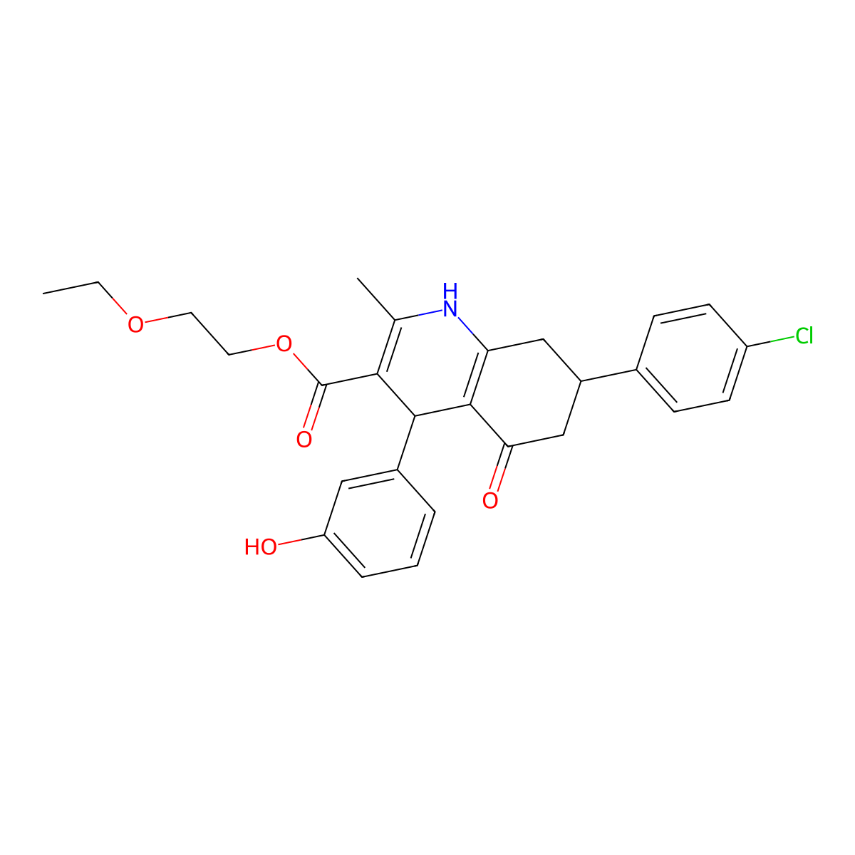 2-Ethoxyethyl 7-(4-chlorophenyl)-4-(3-hydroxyphenyl)-2-methyl-5-oxo-1,4,5,6,7,8-hexahydroquinoline-3-carboxylate molecular structure, CAS 420096-94-2