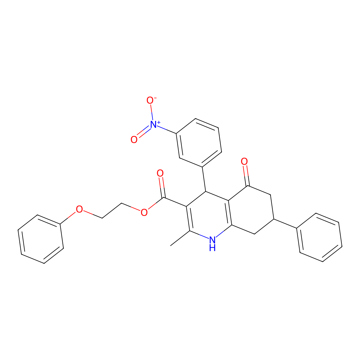 2-Phenoxyethyl 2-methyl-4-(3-nitrophenyl)-5-oxo-7-phenyl-1,4,5,6,7,8-hexahydroquinoline-3-carboxylate molecular structure, CAS 420096-96-4