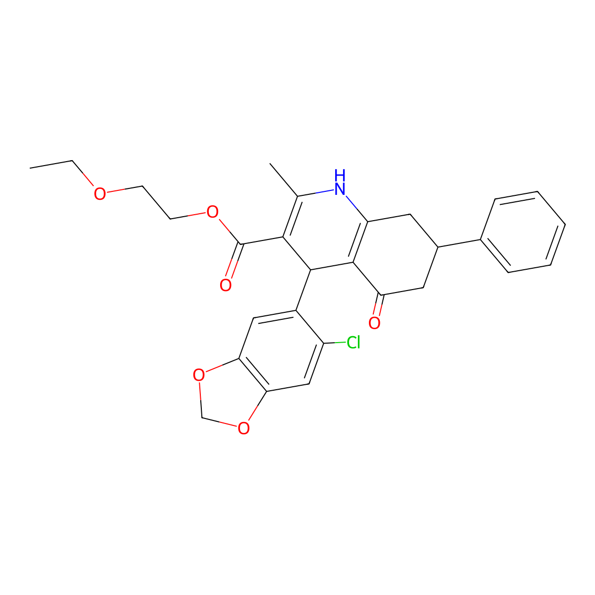 2-Ethoxyethyl 4-(6-chloro-1,3-benzodioxol-5-yl)-2-methyl-5-oxo-7-phenyl-1,4,5,6,7,8-hexahydroquinoline-3-carboxylate molecular structure, CAS 420096-99-7