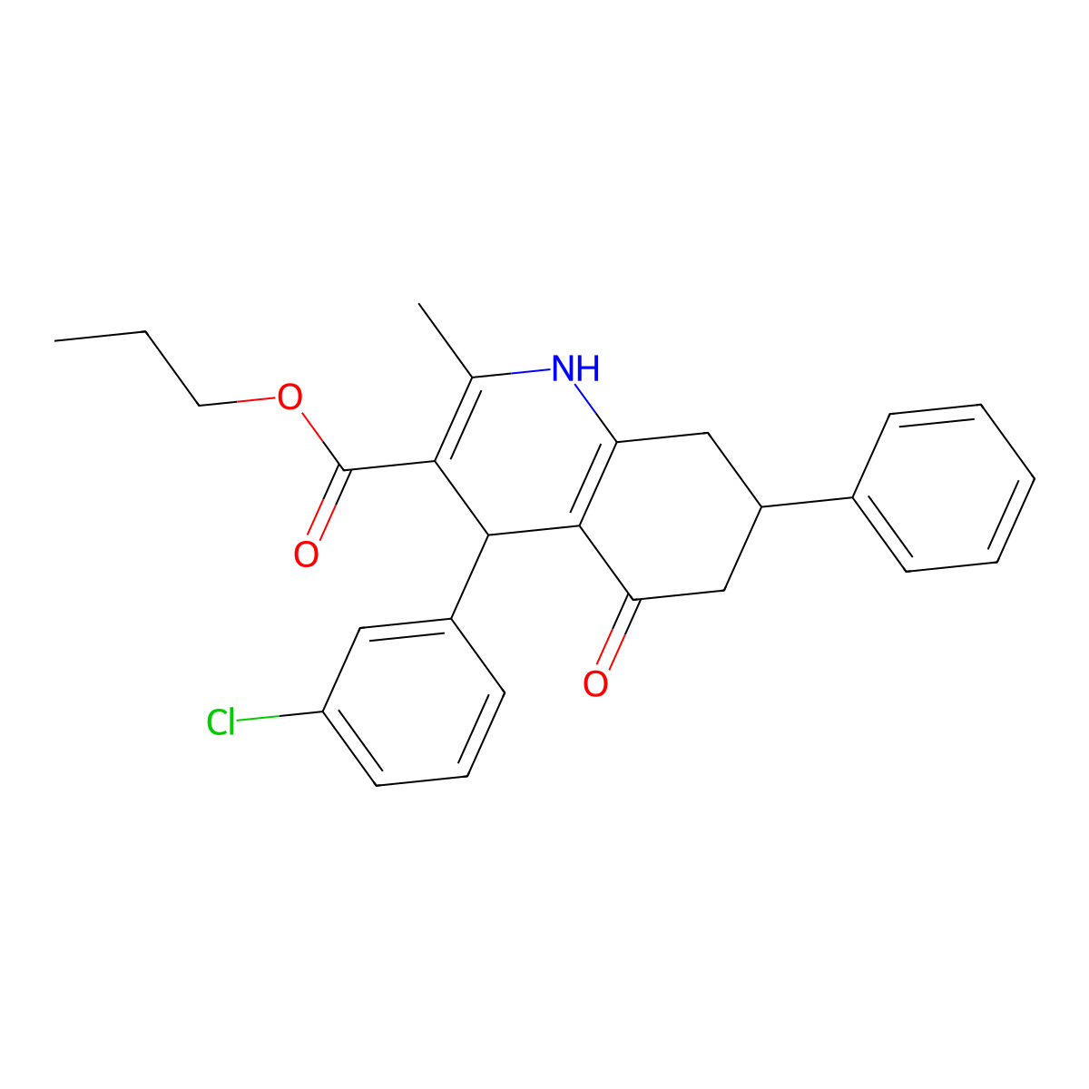 Propyl 4-(3-chlorophenyl)-2-methyl-5-oxo-7-phenyl-1,4,5,6,7,8-hexahydroquinoline-3-carboxylate molecular structure, CAS 420097-05-8