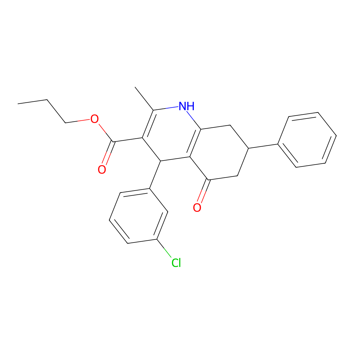 Propyl 4-(3-chlorophenyl)-2-methyl-5-oxo-7-phenyl-1,4,5,6,7,8-hexahydroquinoline-3-carboxylate molecular structure, CAS 420097-05-8