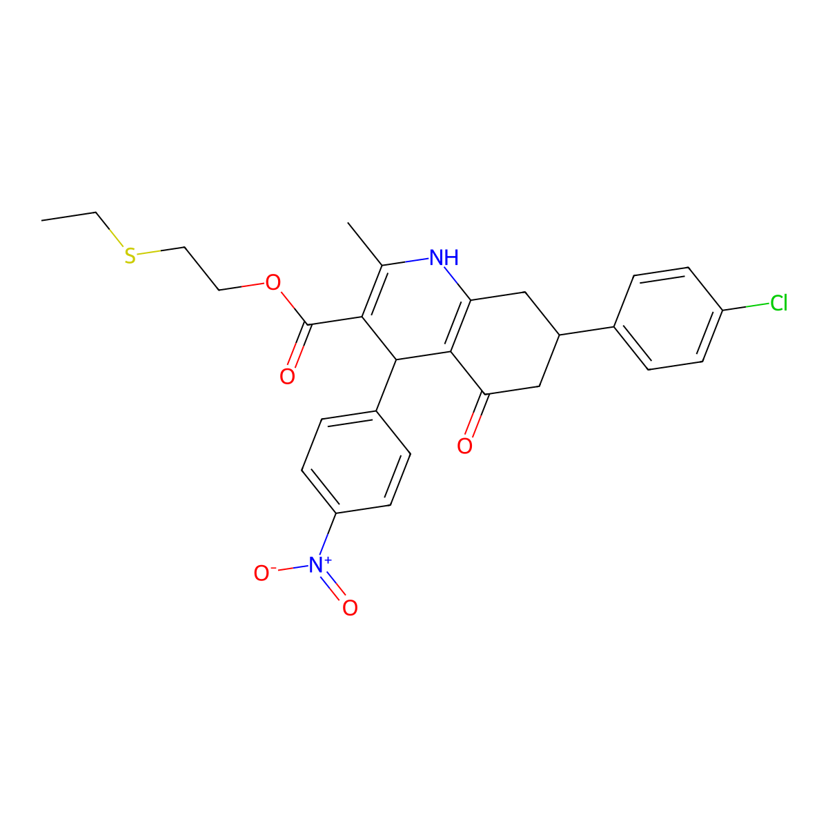 2-(Ethylsulfanyl)ethyl 7-(4-chlorophenyl)-2-methyl-4-(4-nitrophenyl)-5-oxo-1,4,5,6,7,8-hexahydroquinoline-3-carboxylate molecular structure, CAS 420097-09-2