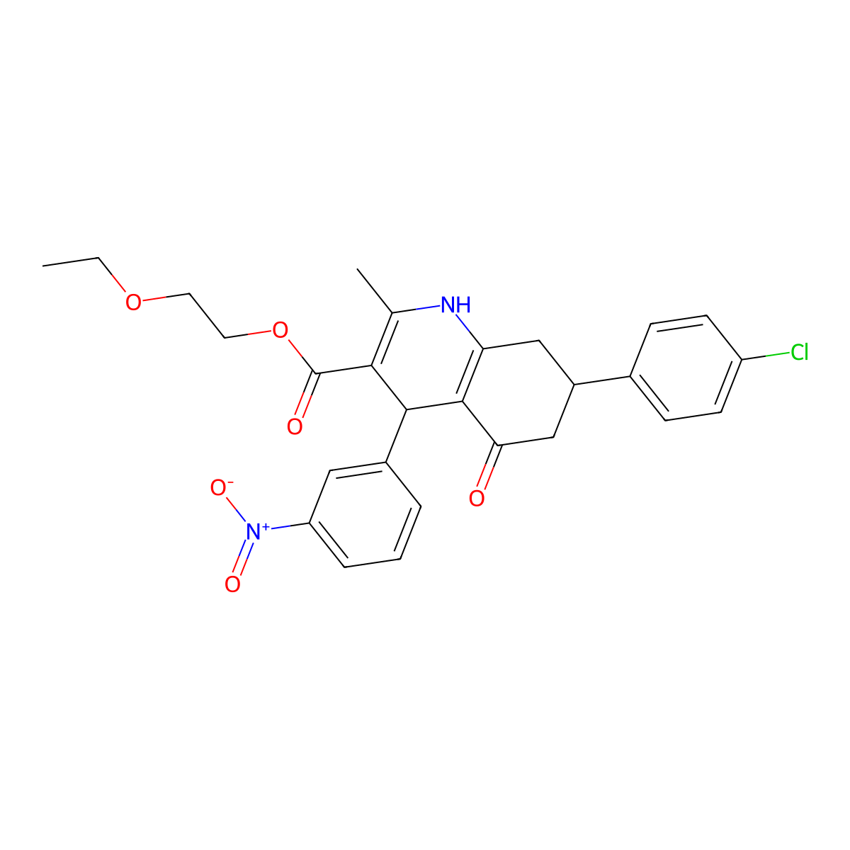 2-Ethoxyethyl 7-(4-chlorophenyl)-2-methyl-4-(3-nitrophenyl)-5-oxo-1,4,5,6,7,8-hexahydroquinoline-3-carboxylate molecular structure, CAS 420097-10-5