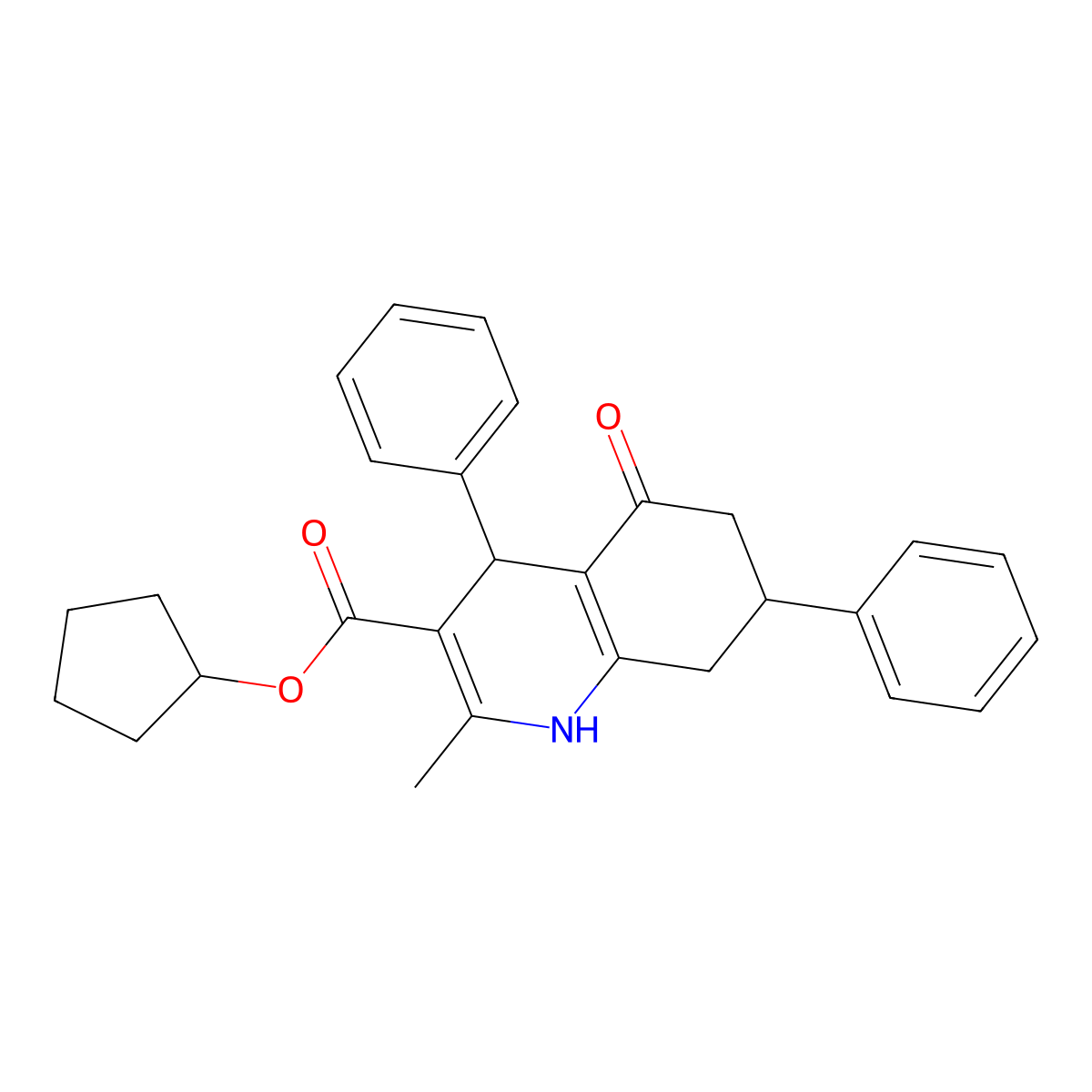 Cyclopentyl 2-methyl-5-oxo-4,7-diphenyl-1,4,5,6,7,8-hexahydroquinoline-3-carboxylate molecular structure, CAS 420097-34-3