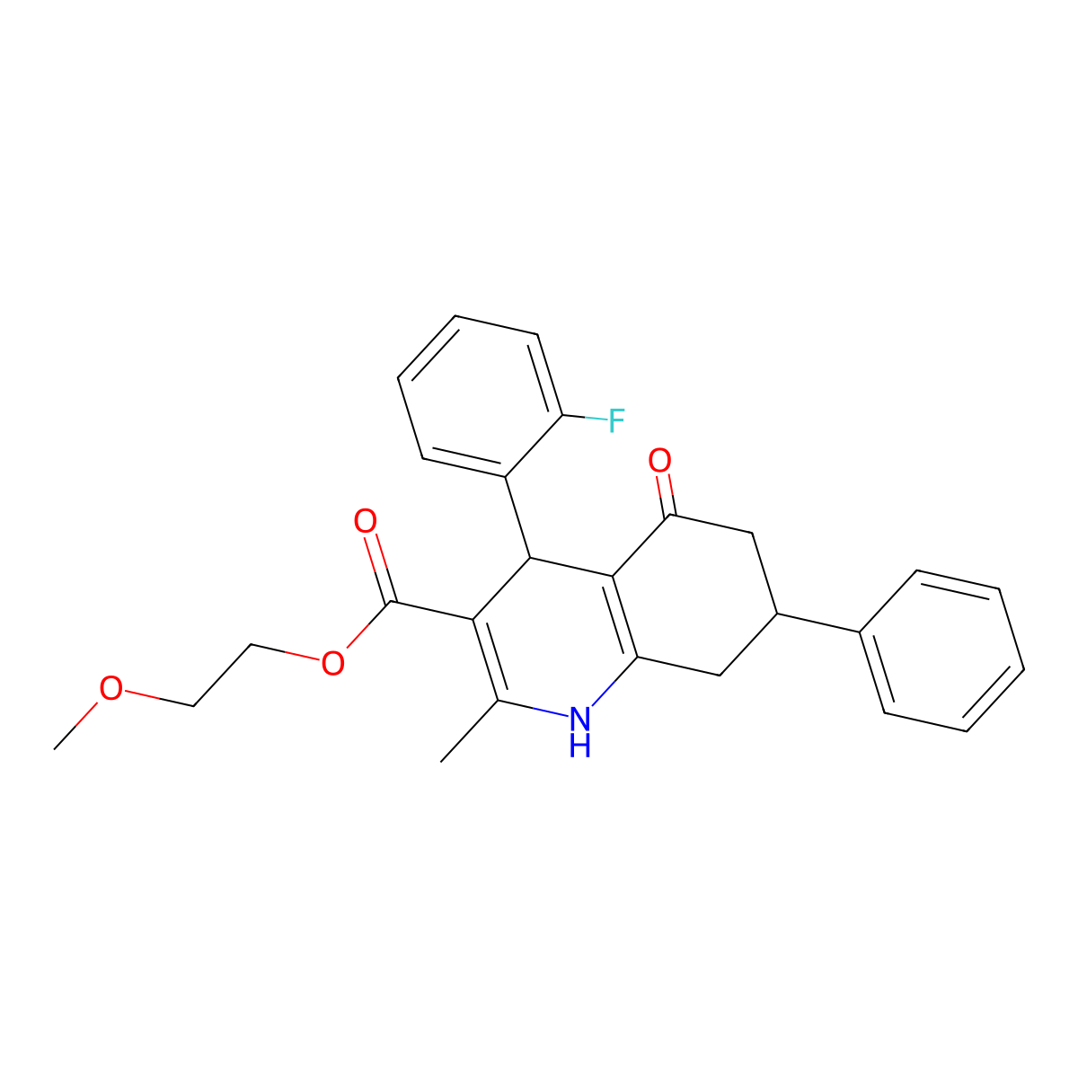 2-Methoxyethyl 4-(2-fluorophenyl)-2-methyl-5-oxo-7-phenyl-1,4,5,6,7,8-hexahydroquinoline-3-carboxylate molecular structure, CAS 420097-46-7