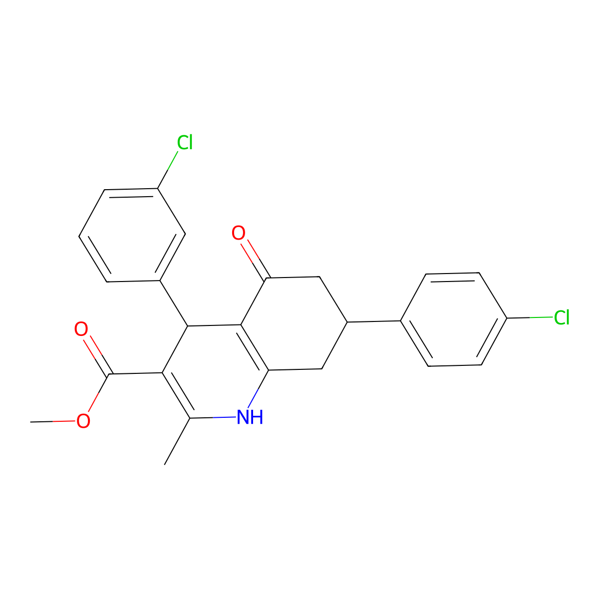 Methyl 4-(3-chlorophenyl)-7-(4-chlorophenyl)-2-methyl-5-oxo-1,4,5,6,7,8-hexahydroquinoline-3-carboxylate molecular structure, CAS 420097-67-2