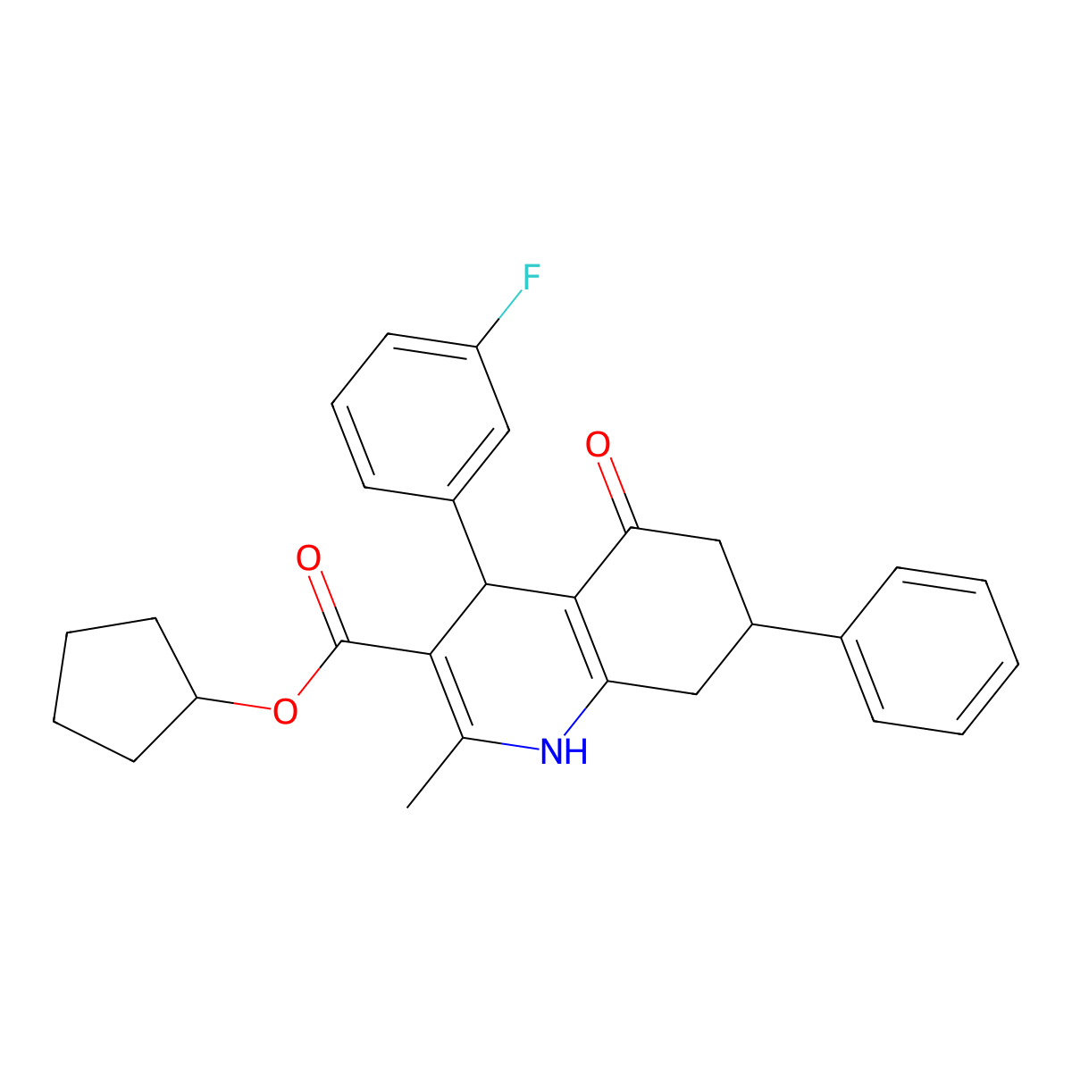 Cyclopentyl 4-(3-fluorophenyl)-2-methyl-5-oxo-7-phenyl-1,4,5,6,7,8-hexahydroquinoline-3-carboxylate molecular structure, CAS 420097-76-3