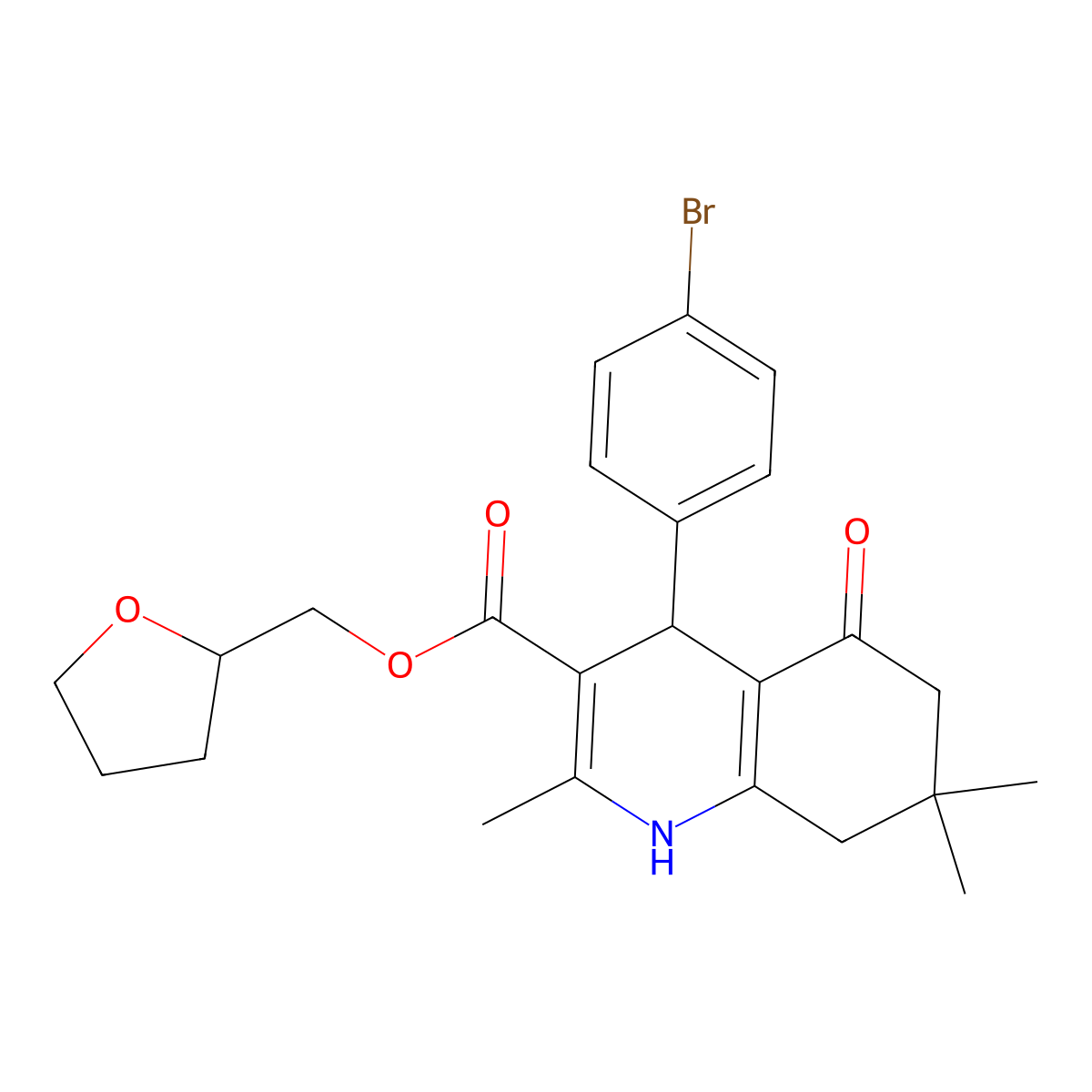 Tetrahydrofuran-2-ylmethyl 4-(4-bromophenyl)-2,7,7-trimethyl-5-oxo-1,4,5,6,7,8-hexahydroquinoline-3-carboxylate molecular structure, CAS 420097-87-6