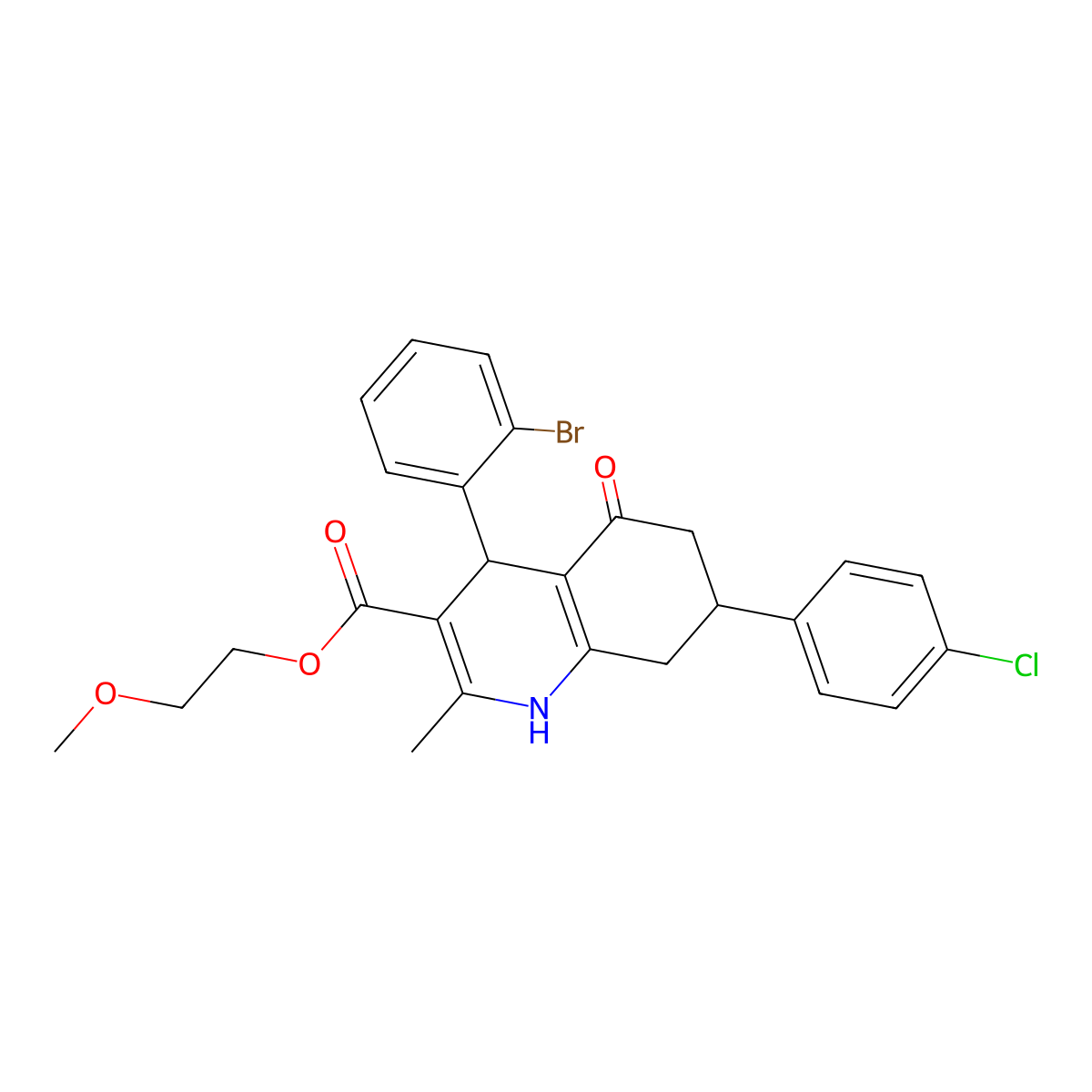 2-Methoxyethyl 4-(2-bromophenyl)-7-(4-chlorophenyl)-2-methyl-5-oxo-1,4,5,6,7,8-hexahydroquinoline-3-carboxylate molecular structure, CAS 420098-11-9