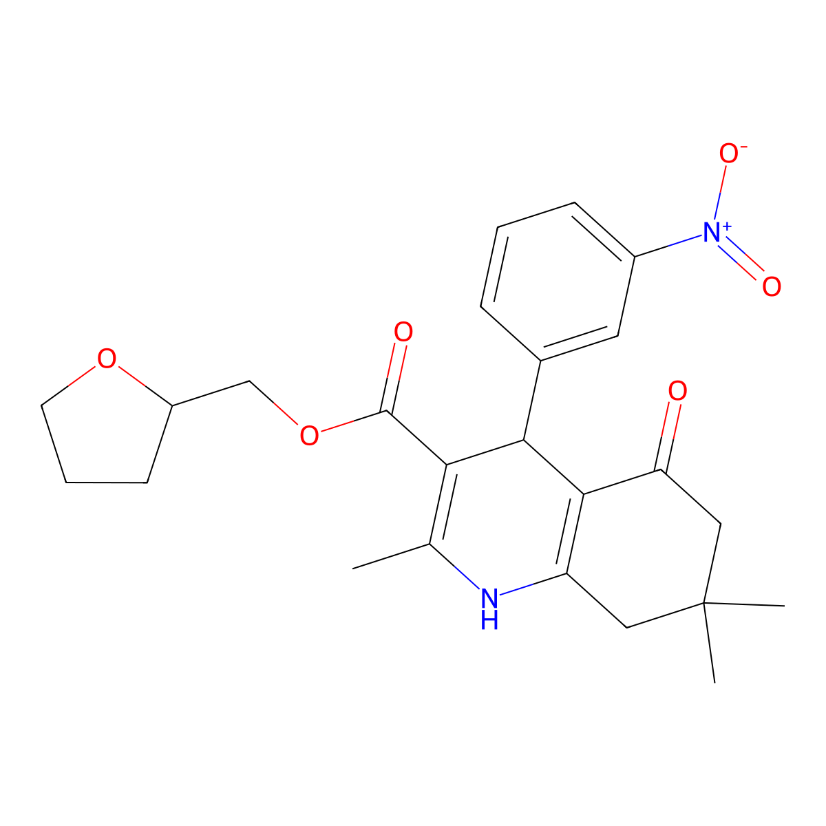 Tetrahydrofuran-2-ylmethyl 2,7,7-trimethyl-4-(3-nitrophenyl)-5-oxo-1,4,5,6,7,8-hexahydroquinoline-3-carboxylate molecular structure, CAS 420098-13-1
