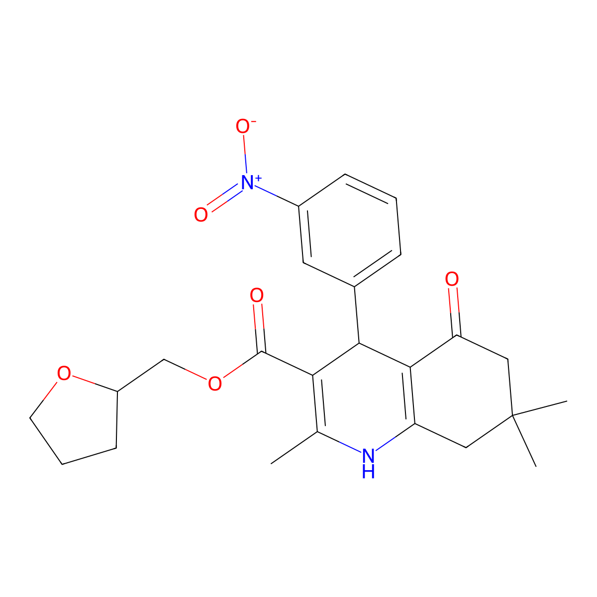 Tetrahydrofuran-2-ylmethyl 2,7,7-trimethyl-4-(3-nitrophenyl)-5-oxo-1,4,5,6,7,8-hexahydroquinoline-3-carboxylate molecular structure, CAS 420098-13-1