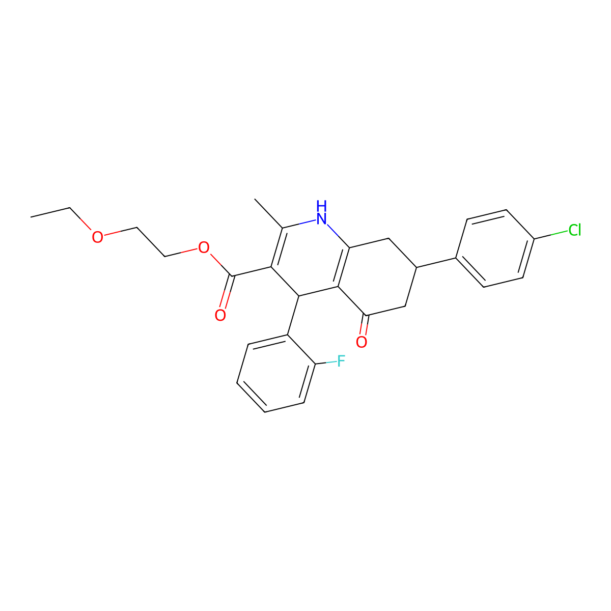 2-Ethoxyethyl 7-(4-chlorophenyl)-4-(2-fluorophenyl)-2-methyl-5-oxo-1,4,5,6,7,8-hexahydroquinoline-3-carboxylate molecular structure, CAS 420098-24-4