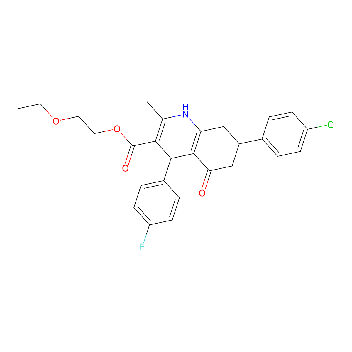 2-Ethoxyethyl 7-(4-chlorophenyl)-4-(4-fluorophenyl)-2-methyl-5-oxo-1,4,5,6,7,8-hexahydroquinoline-3-carboxylate molecular structure, CAS 420098-32-4