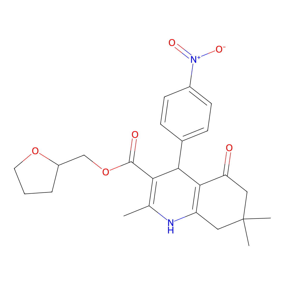 Tetrahydrofuran-2-ylmethyl 2,7,7-trimethyl-4-(4-nitrophenyl)-5-oxo-1,4,5,6,7,8-hexahydroquinoline-3-carboxylate molecular structure, CAS 420098-47-1
