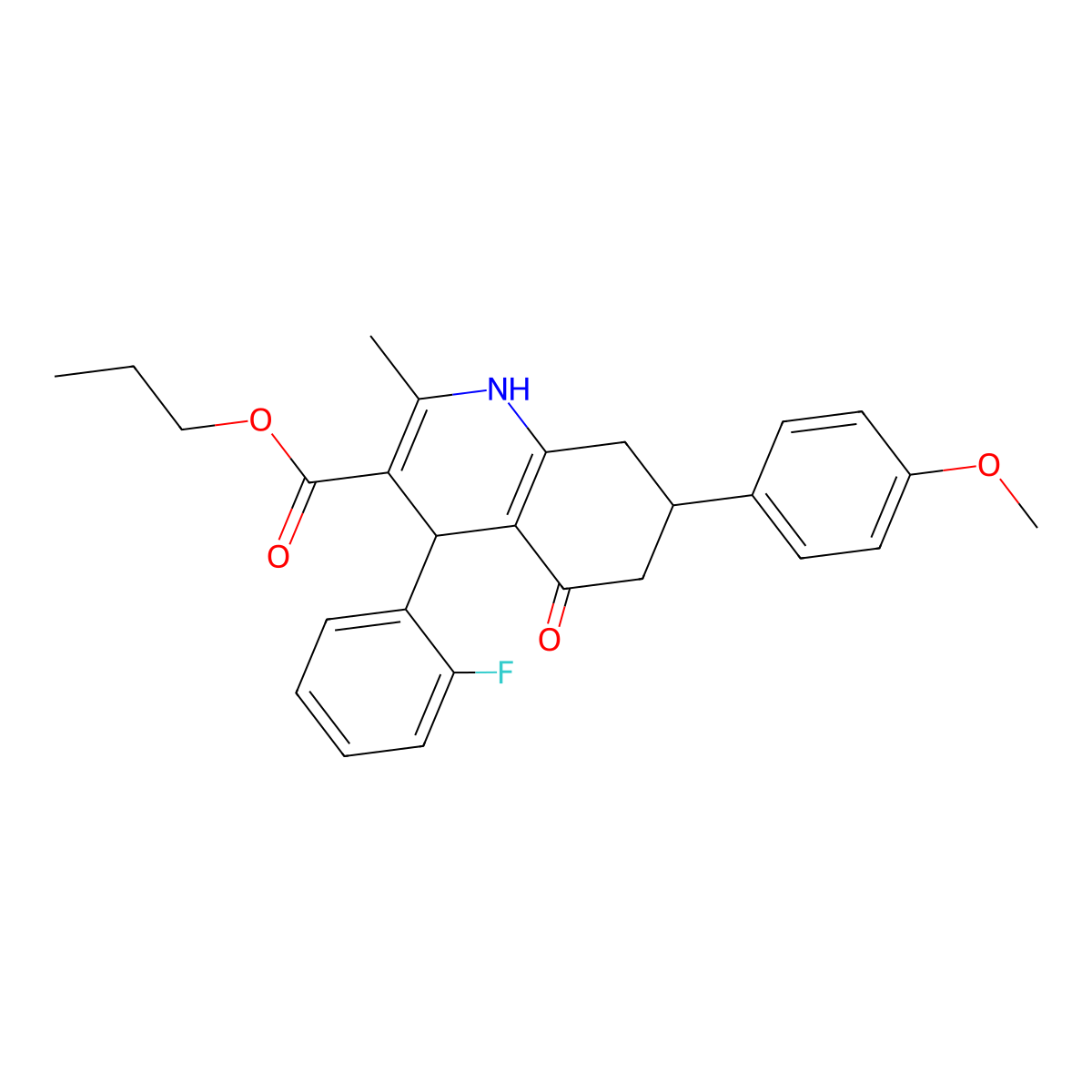 Propyl 4-(2-fluorophenyl)-7-(4-methoxyphenyl)-2-methyl-5-oxo-1,4,5,6,7,8-hexahydroquinoline-3-carboxylate molecular structure, CAS 420098-79-9