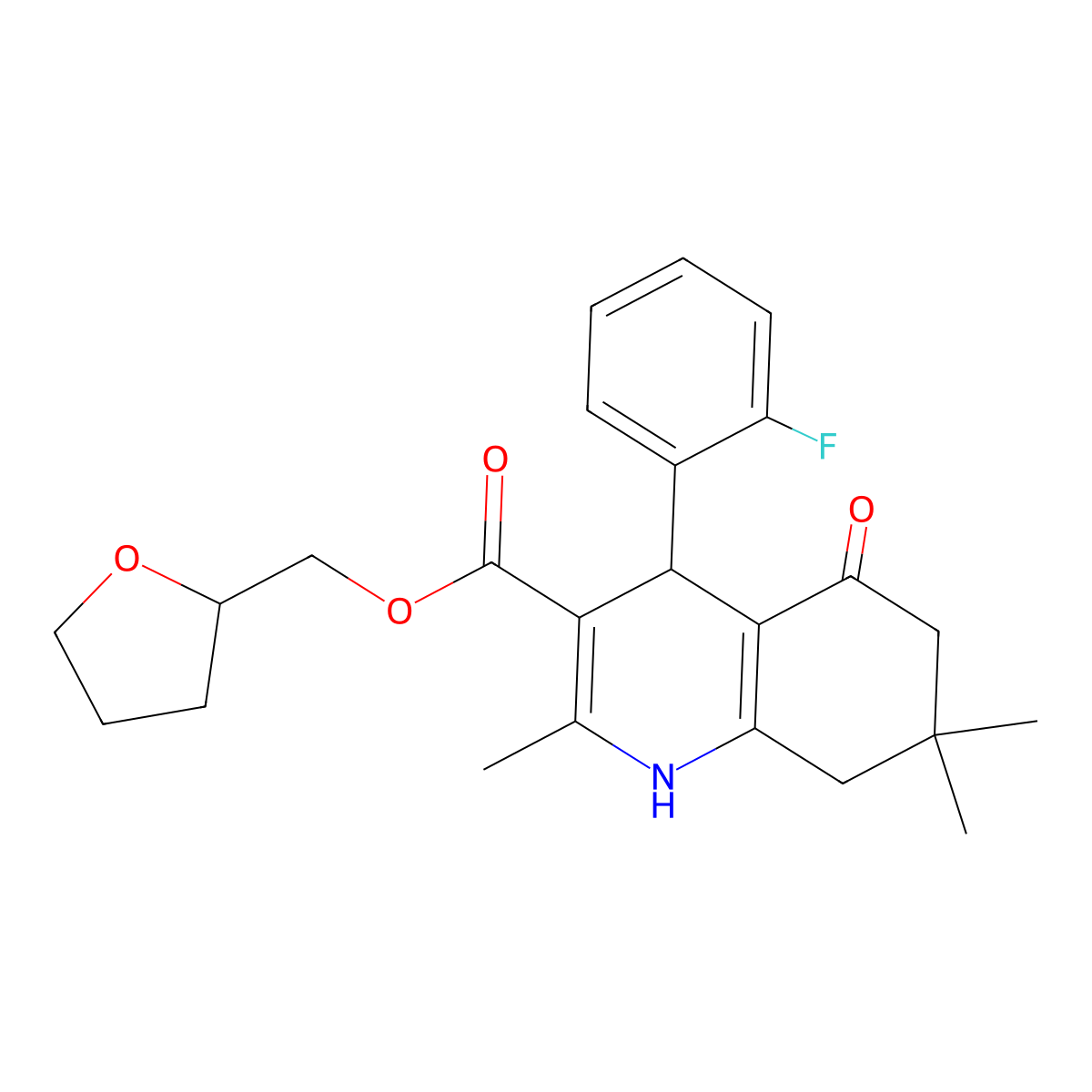 Tetrahydrofuran-2-ylmethyl 4-(2-fluorophenyl)-2,7,7-trimethyl-5-oxo-1,4,5,6,7,8-hexahydroquinoline-3-carboxylate molecular structure, CAS 420098-84-6