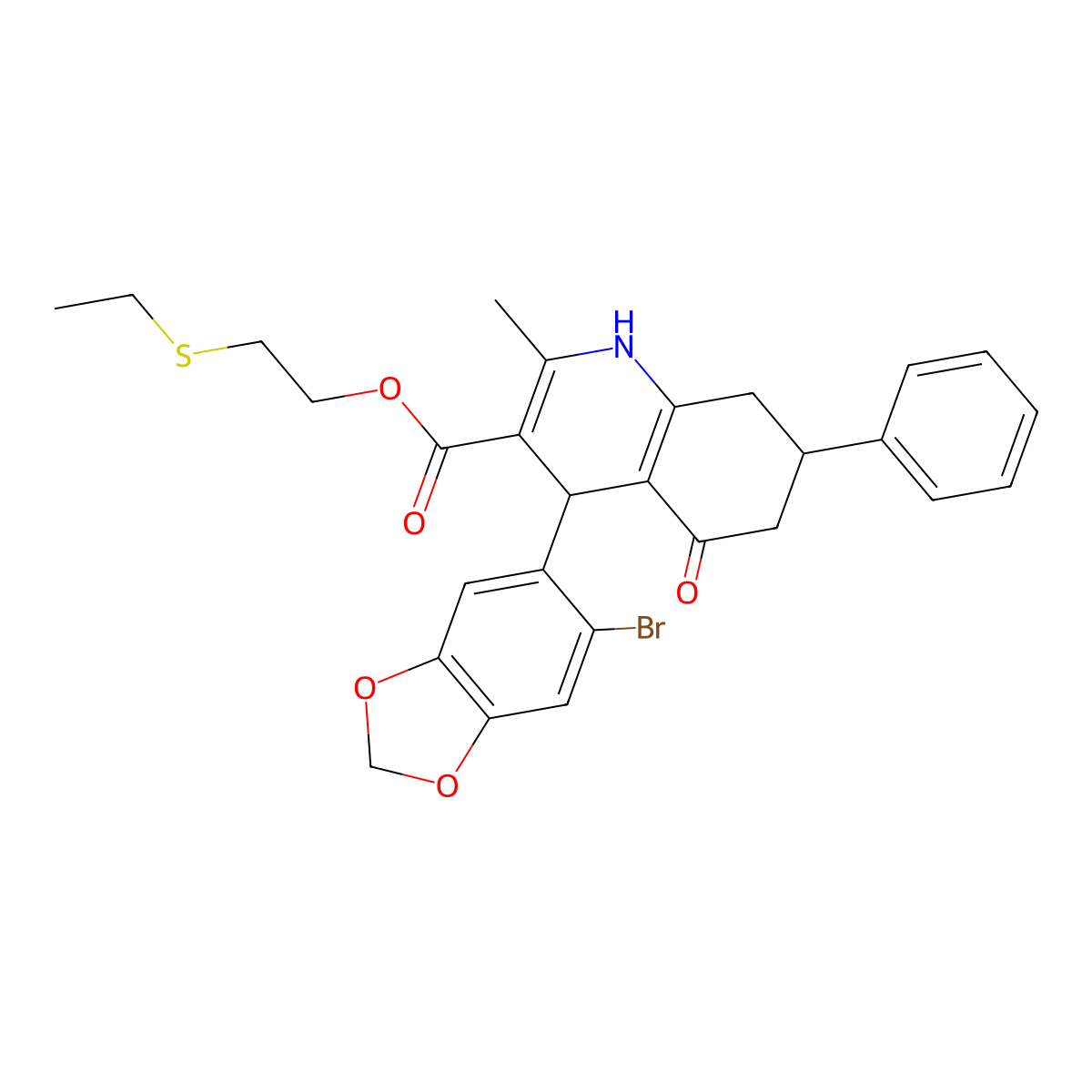 2-(Ethylsulfanyl)ethyl 4-(6-bromo-1,3-benzodioxol-5-yl)-2-methyl-5-oxo-7-phenyl-1,4,5,6,7,8-hexahydroquinoline-3-carboxylate molecular structure, CAS 420098-86-8