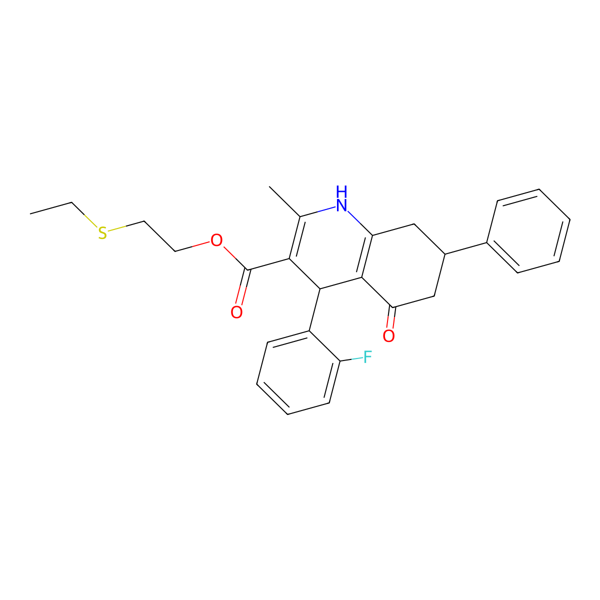 2-(Ethylsulfanyl)ethyl 4-(2-fluorophenyl)-2-methyl-5-oxo-7-phenyl-1,4,5,6,7,8-hexahydroquinoline-3-carboxylate molecular structure, CAS 420099-04-3