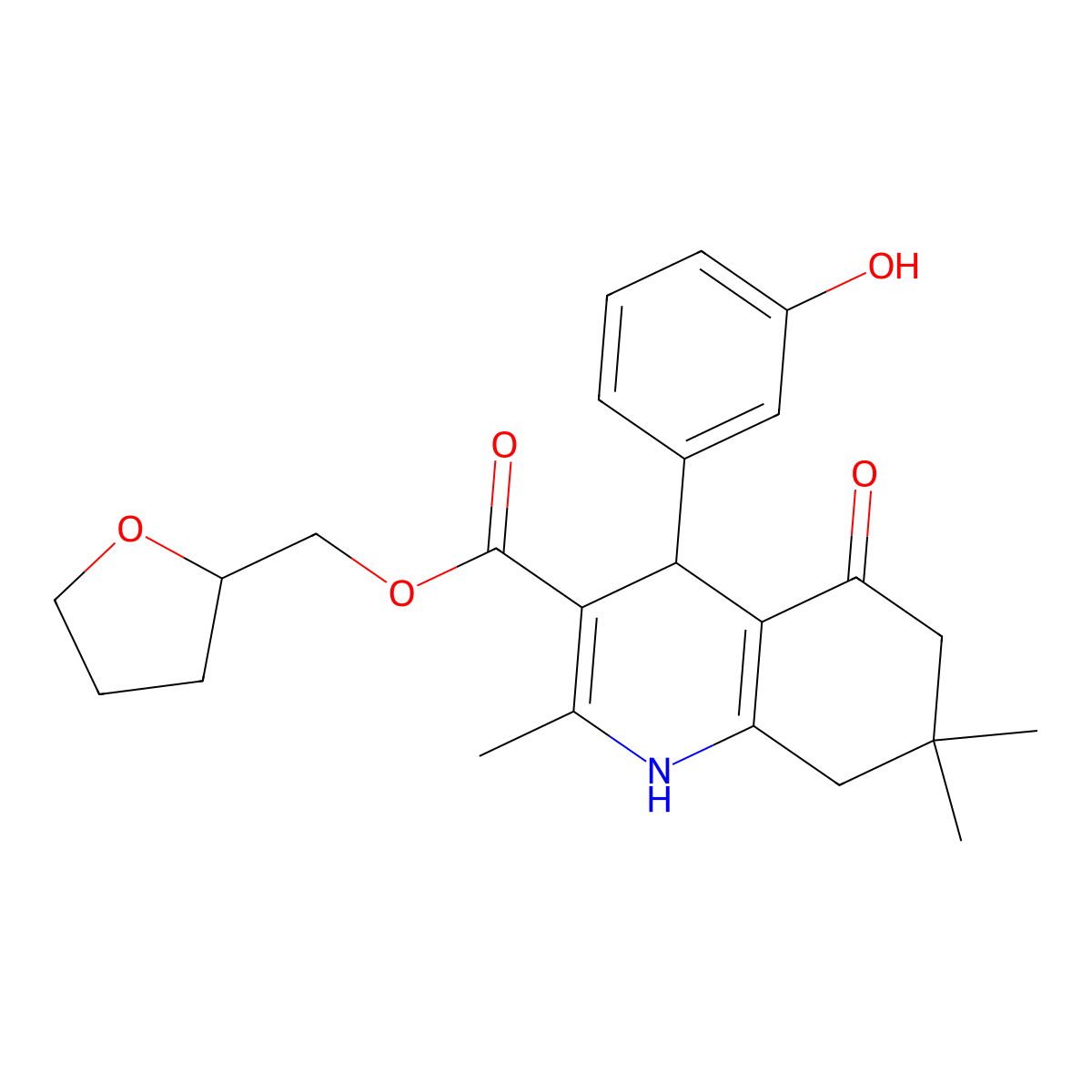 Tetrahydrofuran-2-ylmethyl 4-(3-hydroxyphenyl)-2,7,7-trimethyl-5-oxo-1,4,5,6,7,8-hexahydroquinoline-3-carboxylate molecular structure, CAS 420099-15-6