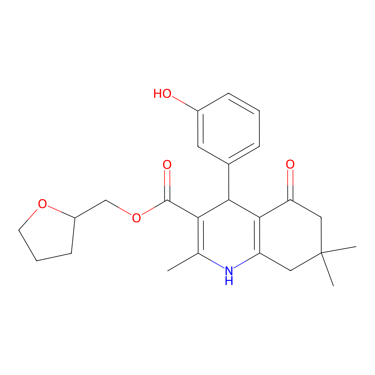 Tetrahydrofuran-2-ylmethyl 4-(3-hydroxyphenyl)-2,7,7-trimethyl-5-oxo-1,4,5,6,7,8-hexahydroquinoline-3-carboxylate molecular structure, CAS 420099-15-6